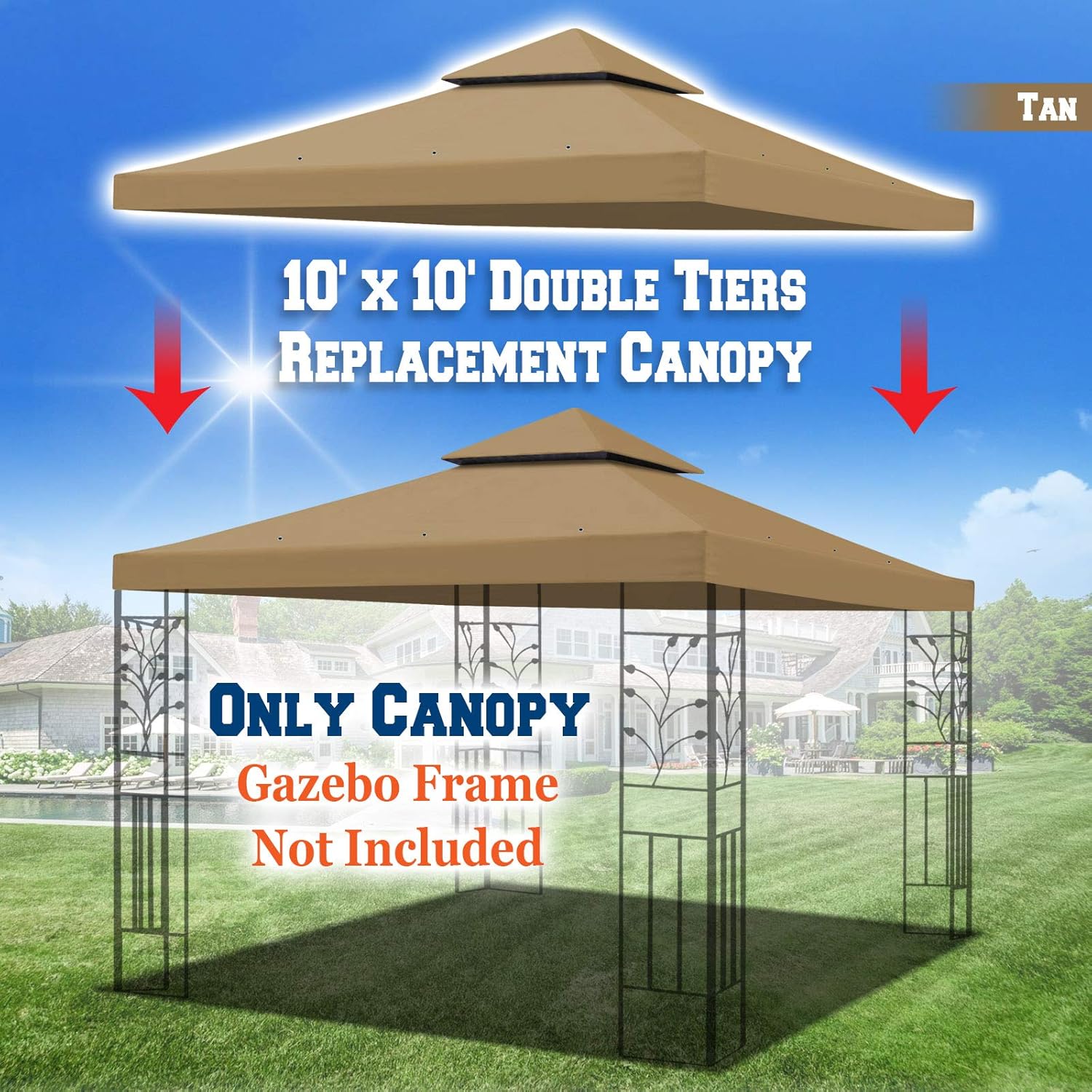 YardGrow 10'x10' Canopy Replacement Top Cover Double Tiered Gazebo Replacement Top Patio Sunshade UV Protection, Canopy Cover ONLY (Tan)