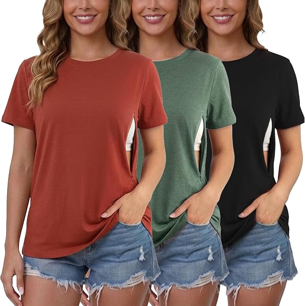 Love2Mi 3er/4er Set Stillshirt mit verstecktem Reißverschluss Stillöffnung kurzen Umstandstop Stillen T-Shirt für Schwangere - 1