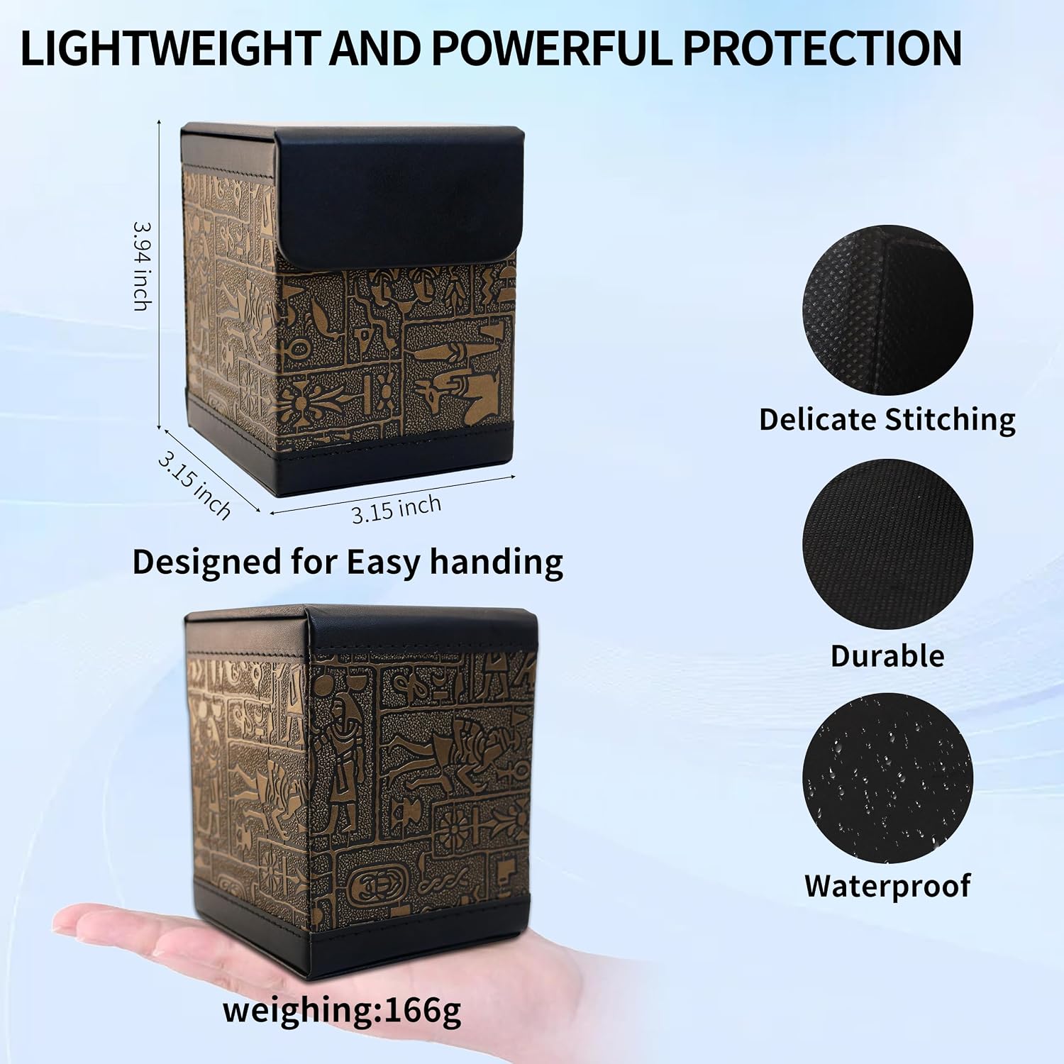 ancient egyptian embossed deck box for yugioh and mtg cards - ultimate guard style with double-magnet opening, holds 100+ cards (black) image 2