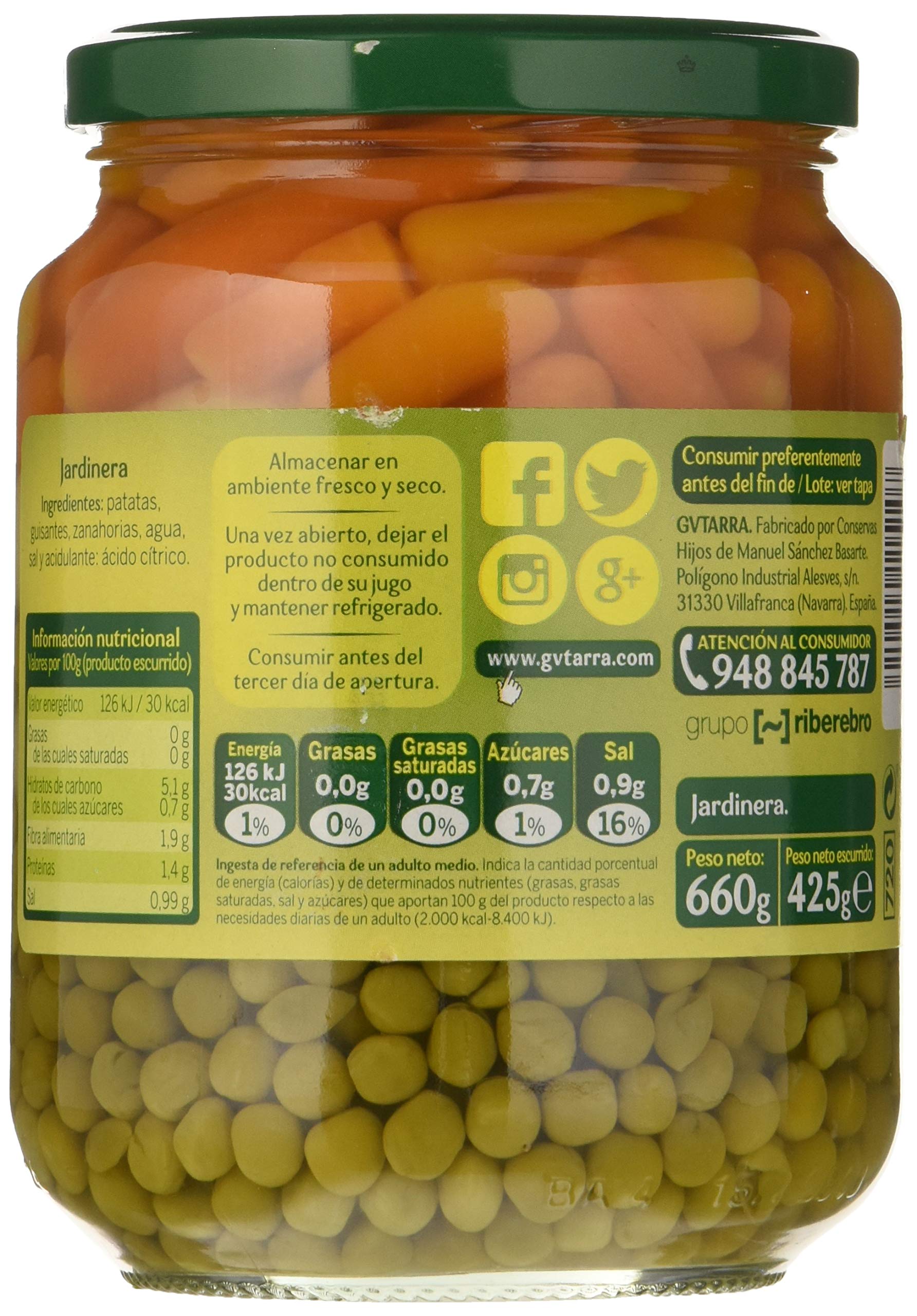 Gvtarra Jardinera Guisante, Zanahoria y Patata Verdura - Paquete de 6 x 425 gr - Total: 2550 gr