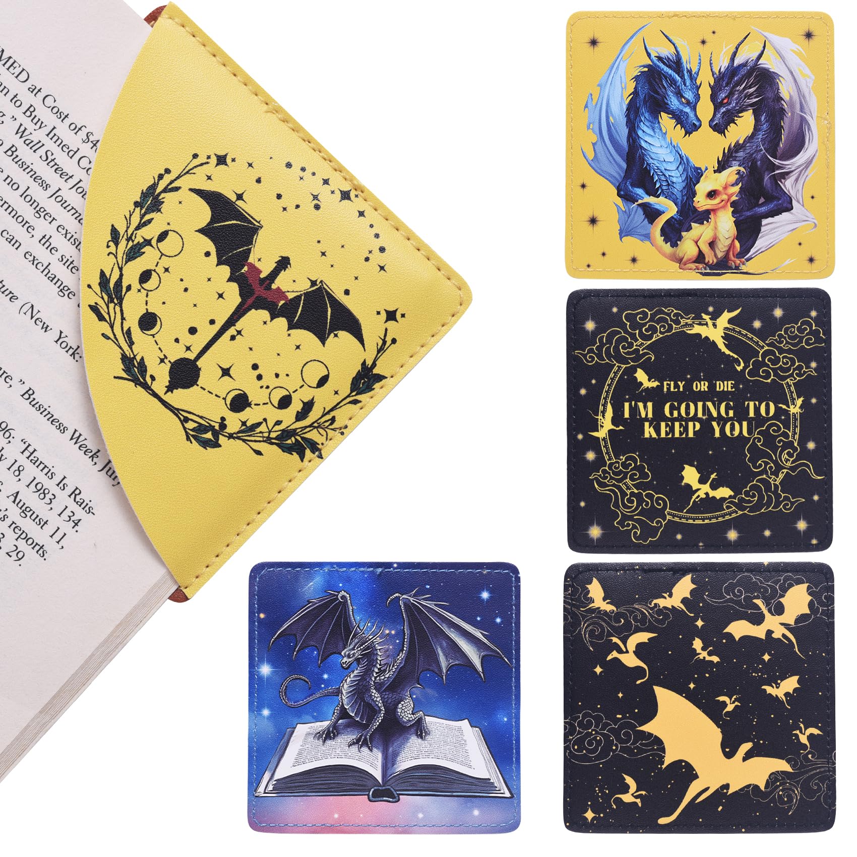 LPaikin 5PCS Dragon Corner Bookmarks for Men Women, PU Leather Book Accessories for Dragon Book Lovers, Perfect Bookworm Gifts for Adults Kids Birthday