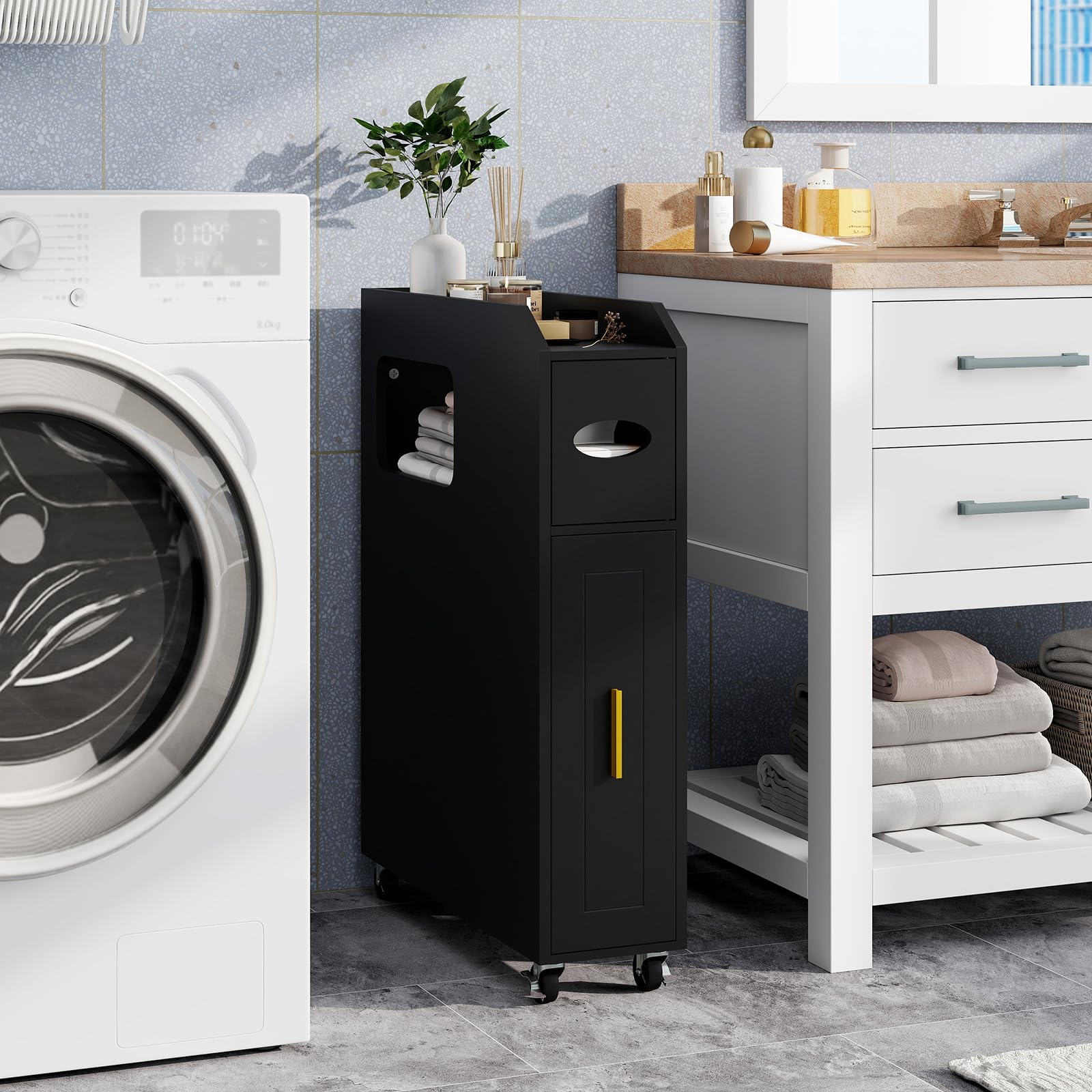 COSTWAY Armario Auxiliar de Baño con Ruedas Bloqueables, Mueble de Baño Estrecho con Cajón Deslizante, Caja de Pañuelos, Soporte para Cepillo de Inodoro para Cocina Salón, 50 x 16 x 69 cm (Negro)