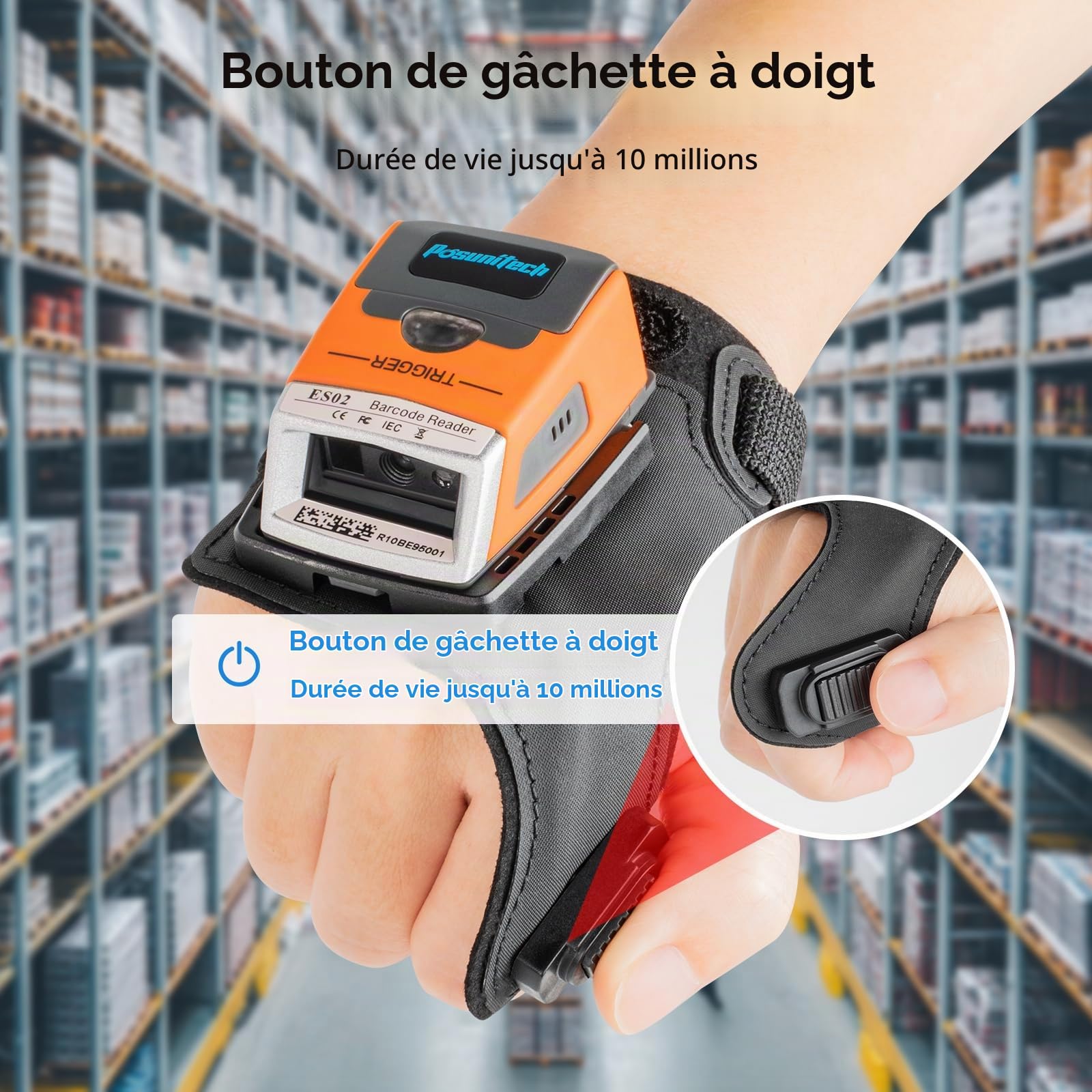 ES02 Scanner de codes-barres gants, sans fil Bluetooth 2D Scanner portable, indice de protection IP65, adapté pour l'entrepôt, la fabrication, le transport, le prélèvement et d'autres