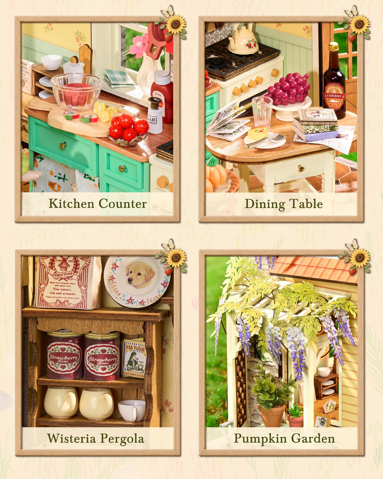 Rolife Miniature Maison de Poupée pour Adultes, Cuisine de Ferme Ensoleillée, Maison Miniature en Bois Style Cottage, Maquette avec Lumières LED, Loisir Créatif Relaxant, Cadeau Noël Femme