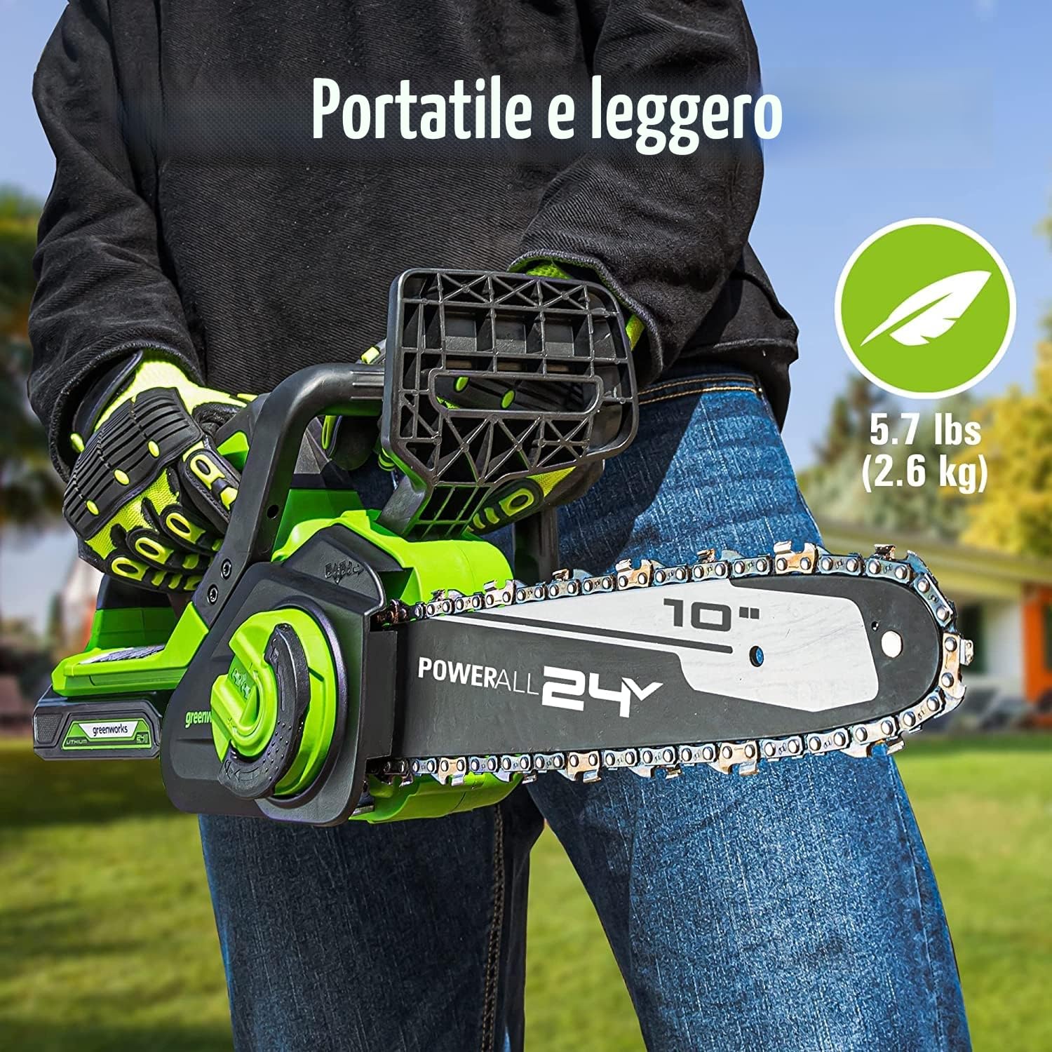 Greenworks 24V 25cm Motosega Elettrica a Batteria con Batteria da 2 Ah e Caricabatteria, Velocità Catena 4,3 m/s, Lubrificazione Automatica, Kit Motosega con Protezione Anti-Contraccolpo