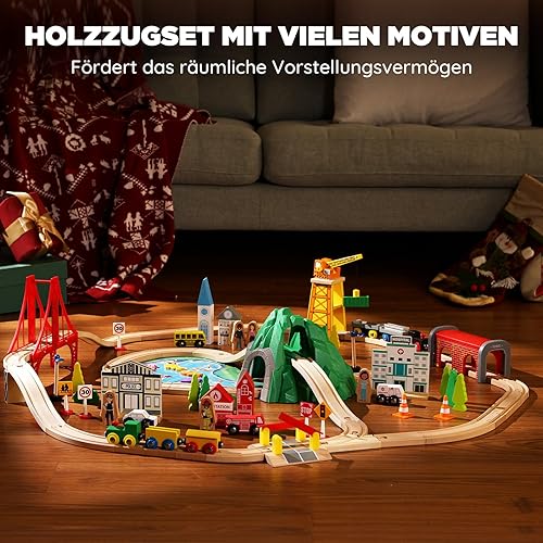 Miniatura 9 de SainSmart Jr. Juego de tren de madera de 112 piezas para niños pequeños  Vías de tren de doble cara, compatible con Brio, Thomas, Melissa & Doug