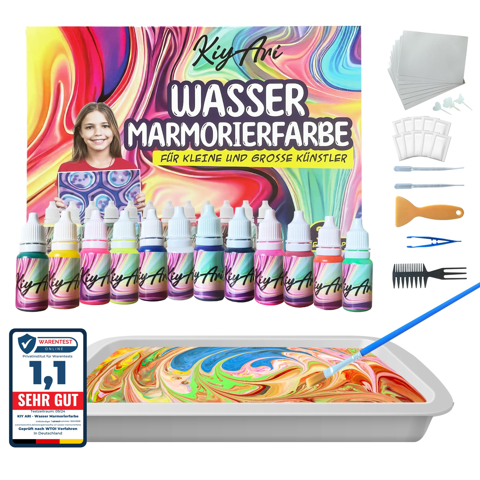 Wassermarmorierfarben Set, Malset für Kinder mit 12 Farben & 10 A4 Blättern | Wassermarmorierfarben Set, Kreatives Malset für Kinder, Sichere Marmorierfarbe, DIY Bastelset für Jungen & Mädchen
