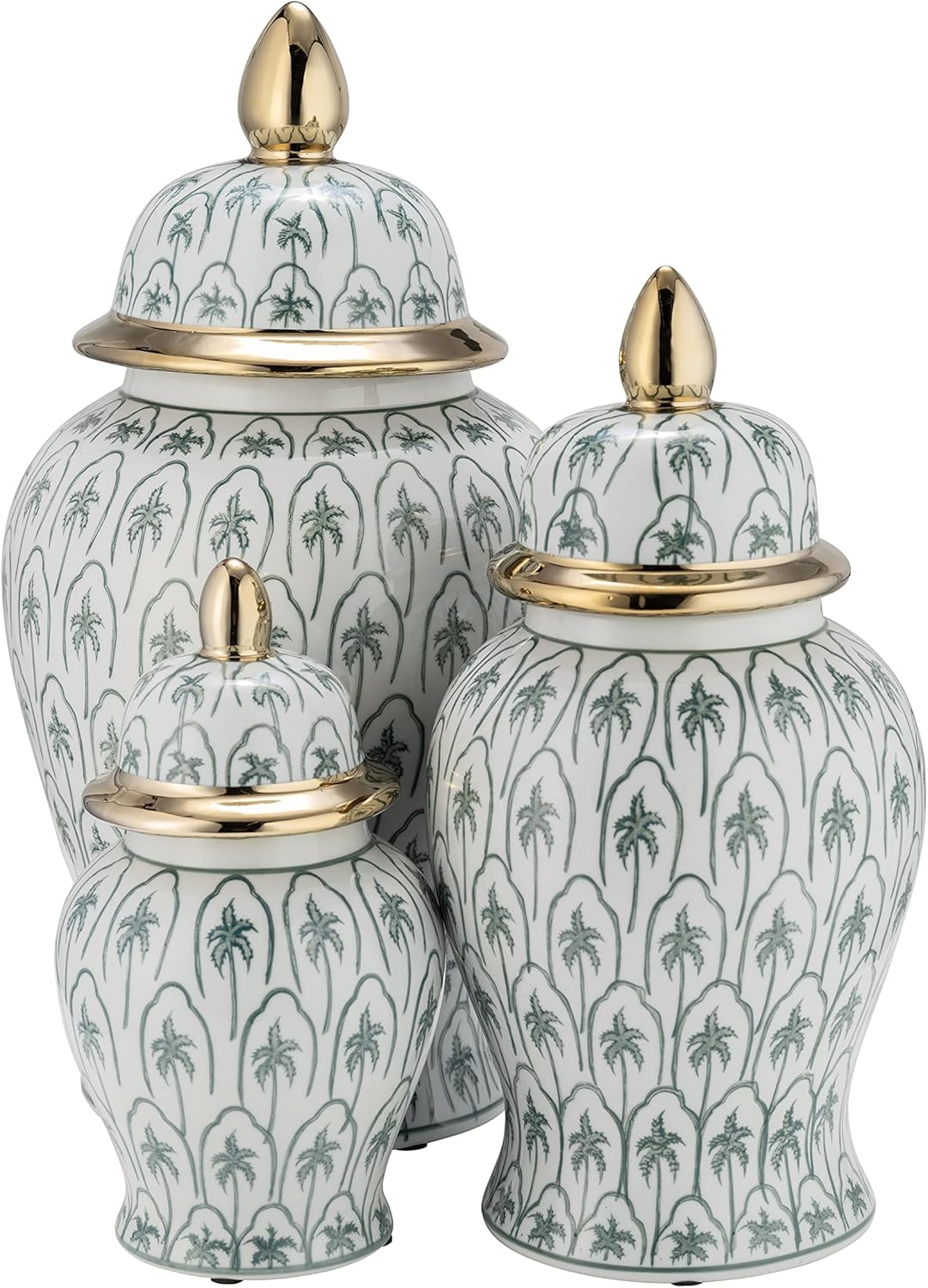 18" Temple Jar with Lid - Ceramic White, Green and Gold Palm Tree Decorative Stoneware for Home, Office, Gift Idea