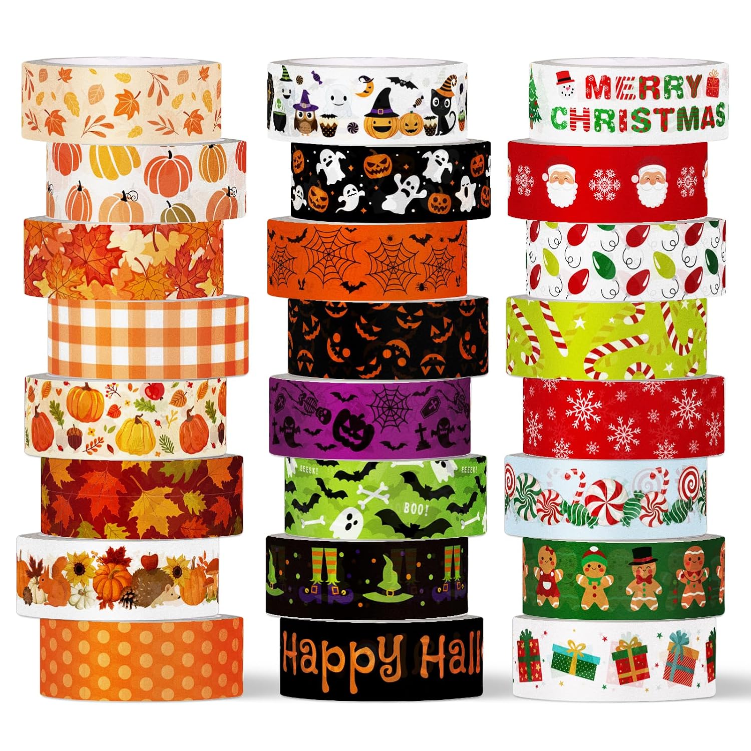 Whaline 24 Rolls Fall Halloween Christmas Washi Tape Masking Tape Set Holiday Wrapping Paper Tapes Boxed for Thanksgiving Autumn Xmas Trick or Treat Scrapbook Journal DIY Crafts