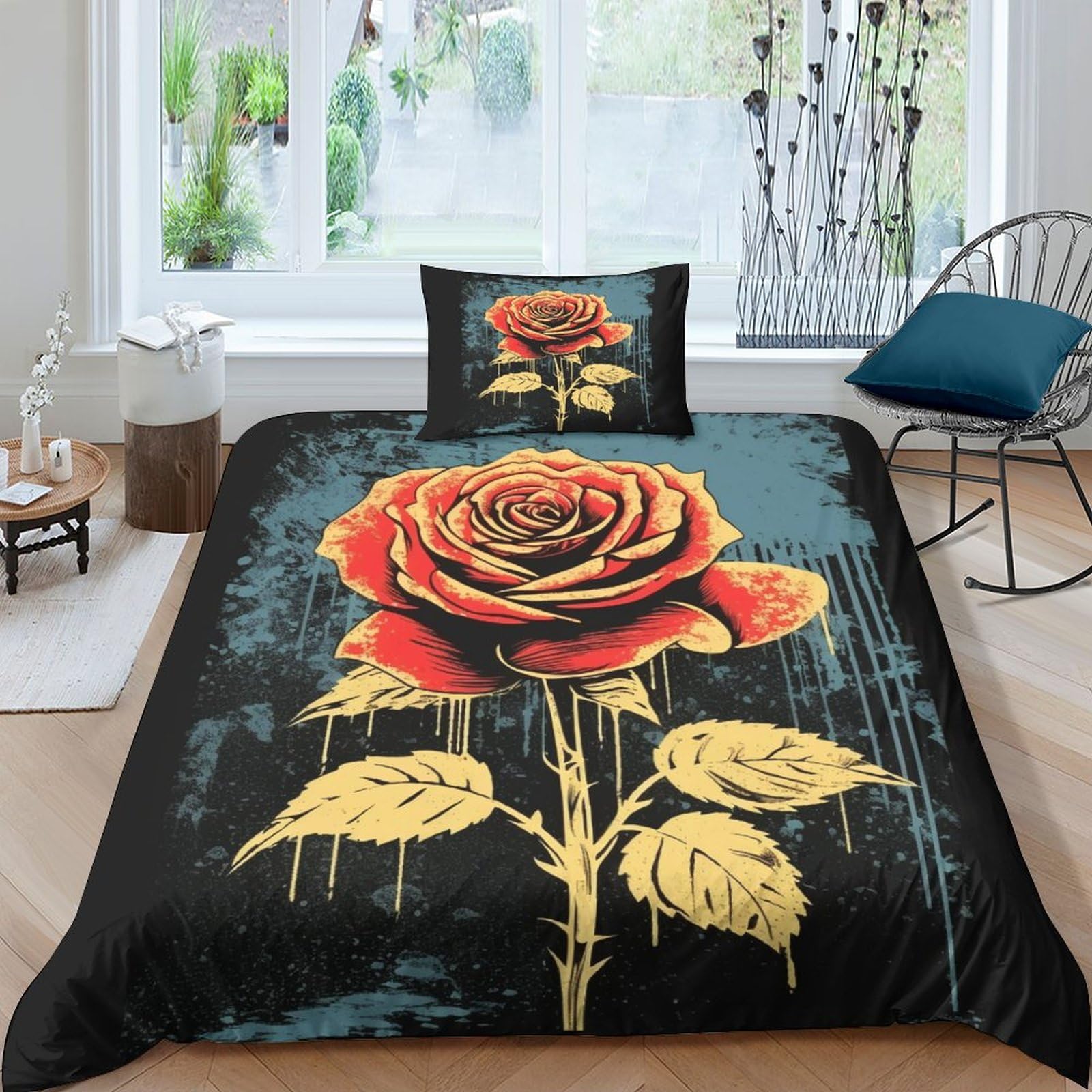 Parure de lit roses anciennes housse de couette 135x200cm microfibre 3D style vieilli 3 pièces