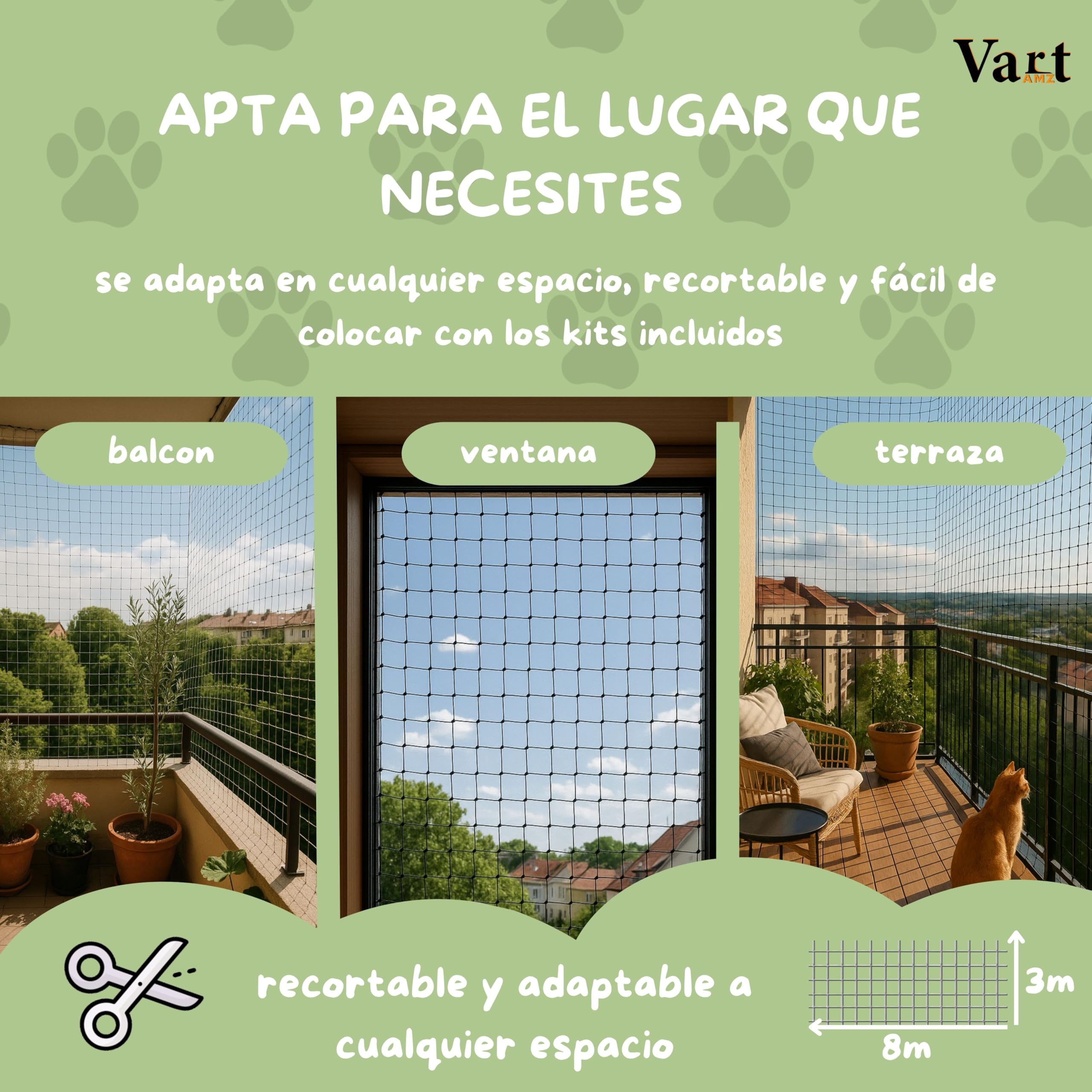 Red para Gatos Terraza y Balcón (8x3m) Reforzada con Alambre Trenzado – Malla Seguridad Negra Antimordiscos para Ventanas y Exterior, Kit Completo Instalación Sin Taladro o con Taladro