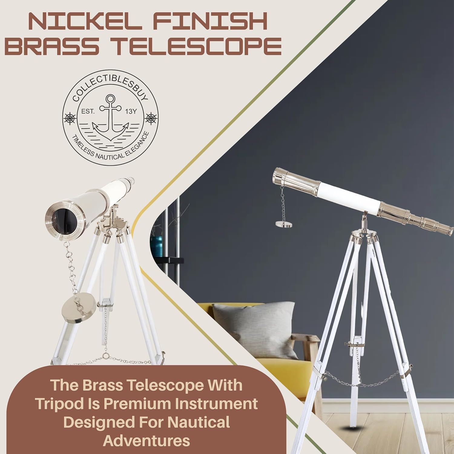 Nautical Ship Maritime Brass Telescope Antique Handmade Article Single Barrel Wooden White Adjustable Tripod Home & Office Decorative