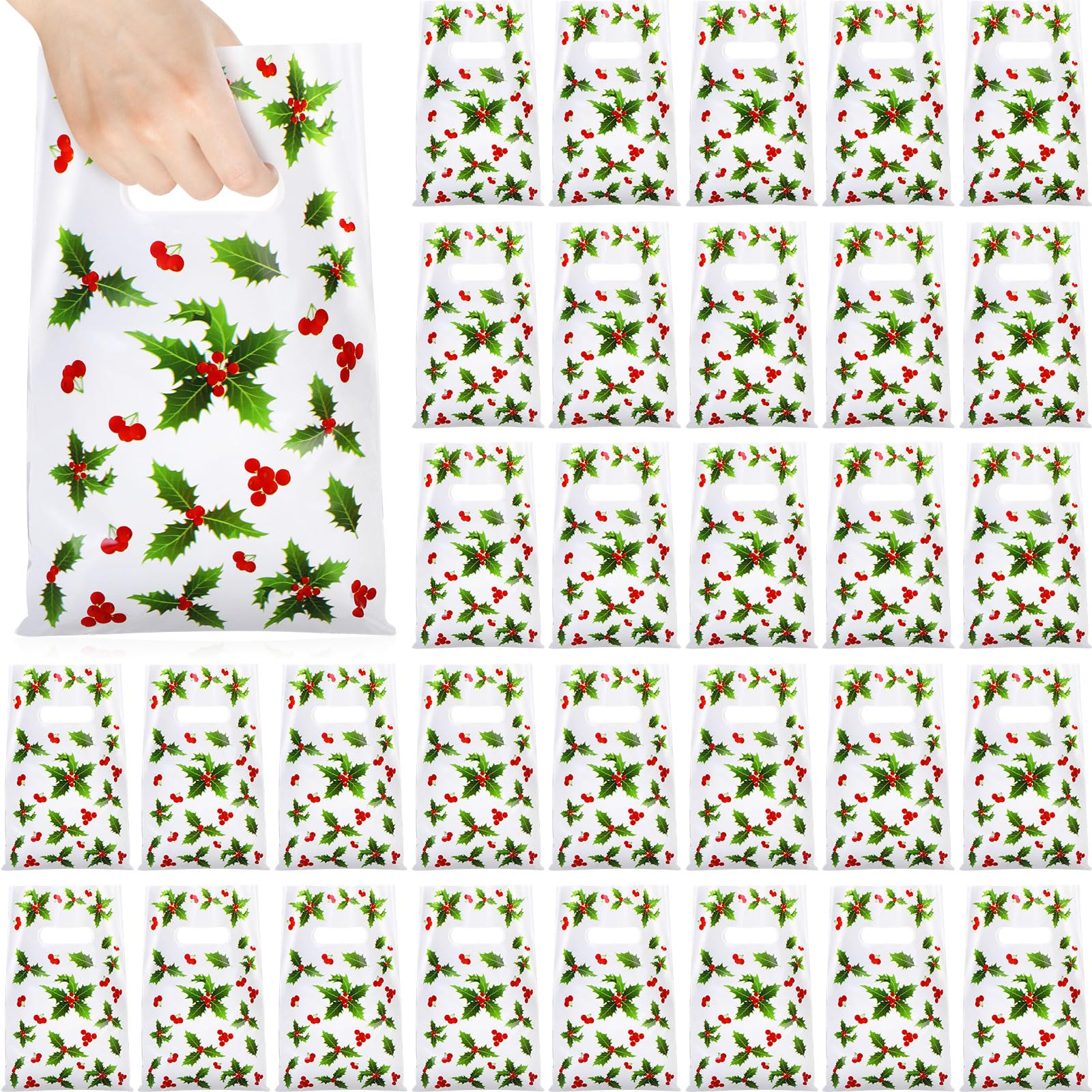 GliCraft 100 Pcs Christmas Holly Leaves Gift Bags with Handle Holly Leaves Plastic Tote Treat Bag Bulk for Xmas Winter Party Goody Holiday Gift