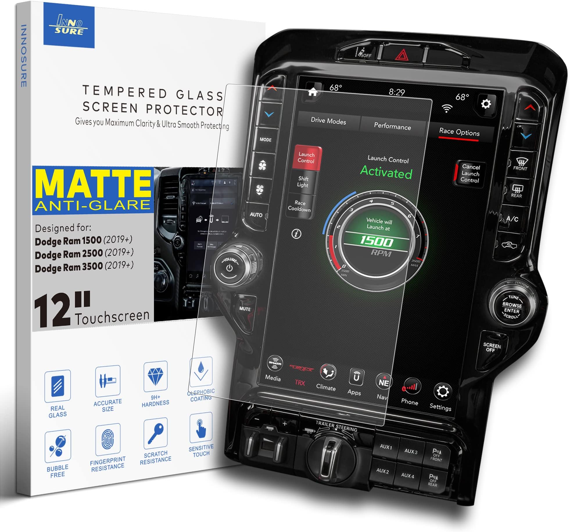 12" Glass Screen Protector Designed for (2019-2023) RAM 1500 TRX, RAM 1500, RAM 2500 HD, RAM 3500 HD, CHASSIS CAB 12 Inch Touch Screen Uconnect Dodge Ram Screen Protecting Accessories Anti