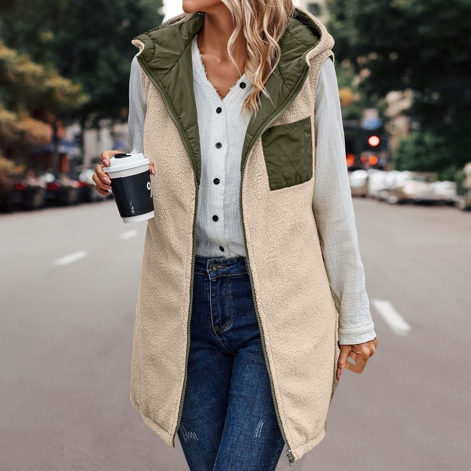 Gilet Réversible À Capuche Sans Manches Pour Veste Doublée En Polaire Avec Poches Fermeture Éclair Complète Vêtements D'extérieur Mode D'hiver Veste Réversible Sans Manches