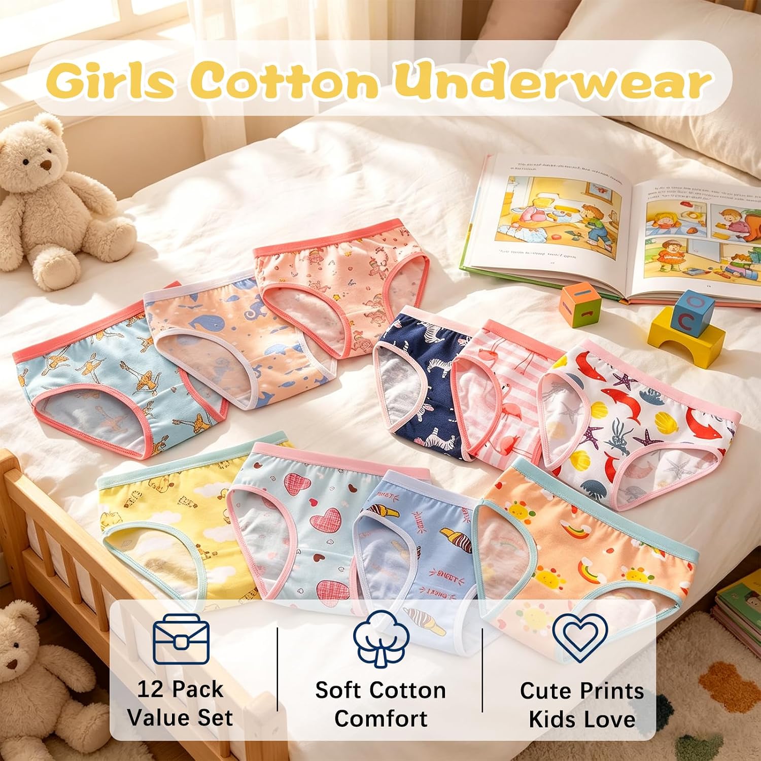 12 Pack Girls Briefs Cotton Girl Underwear Soft Comfortable Baby Panties 2-12Years