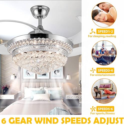 Miniatura 5 de Panghuhu88 Lámpara de techo invisible de 42 pulgadas con luz, ventilador de techo de cristal moderno, control remoto, 4 aspas retráctiles de ABS