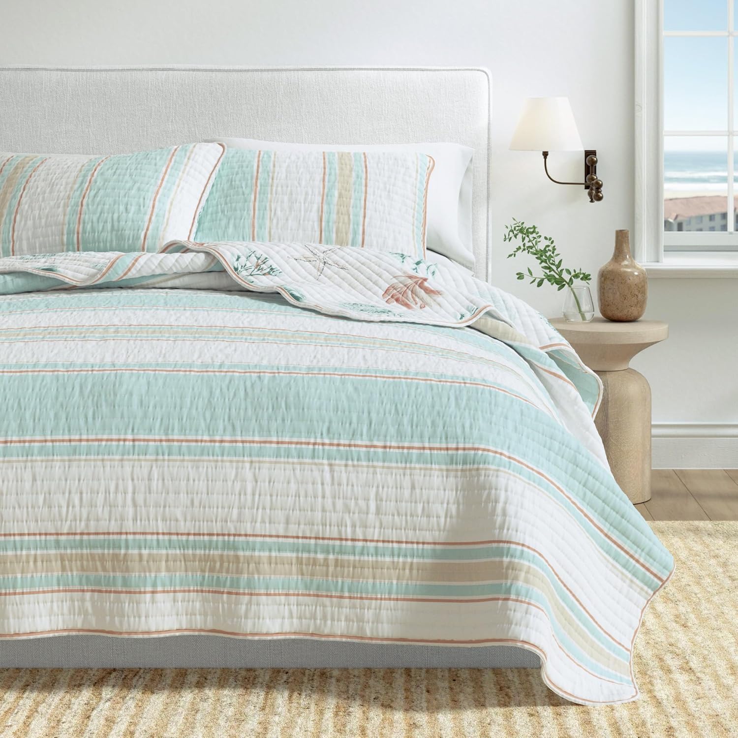 Great Bay Home Full/Queen 100% Cotton Quilt Set with Shams - Reversible Stripe Coastal Prints - Lightweight, Breathable, All-Season Bedding - 3-Piece Queen Bed Set, Flag Stripe/Kelp Breeze. - Image 6