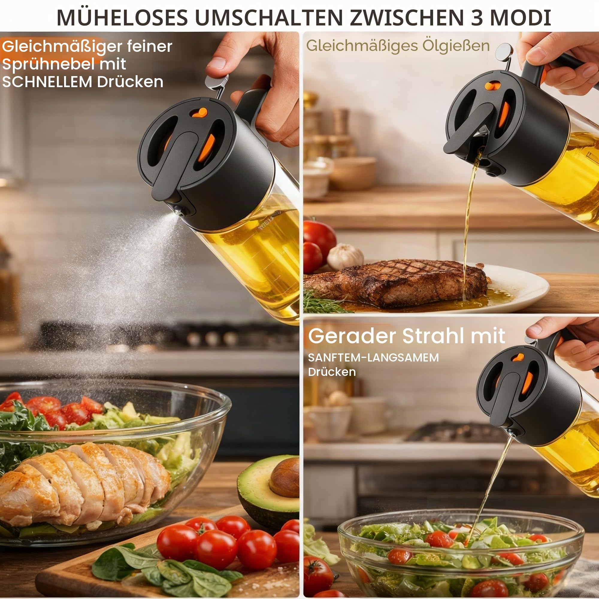 Costop Ölsprüher zum Kochen, 2025 große fortschrittliche Olivenölspenderflasche, 500 ml, Glas, Olivenöl-Sprüher, 2-in-1 gleichmäßiges Sprühen mit Portionskontrolle für Küche, Luftfritteuse, Salat