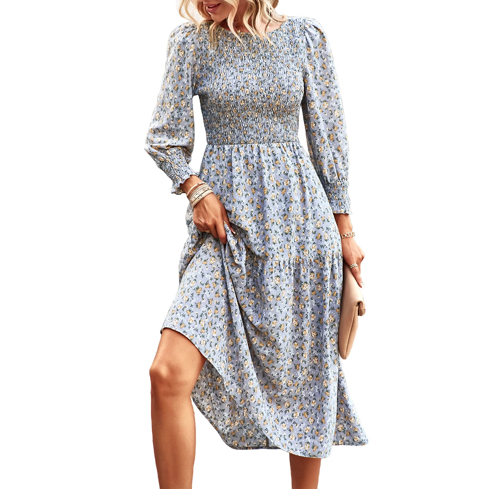 AILLOSAWomen's Summer Floral Boho Dress V Neck Short Sleeve A Line Casual Midi Dress