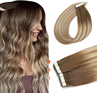 XDhair Tape In Hair Extensions Real Human Hair 14 Inch 50g 20pcs Balayage Ombre Walnut Brown to Ash Brown and Blonde Tape in Hair Extensions(#3/8/22,14Inch)