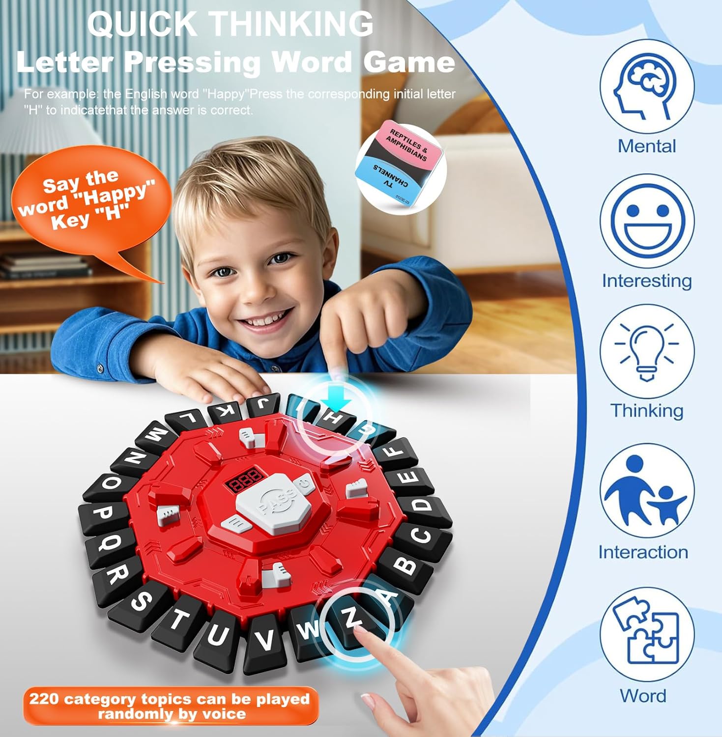 Word Game Family Board Games for Kids & Adults with 2 Modes,220 Topic Categories 24 Letters Pressing Games,Fun Fast-Paced Learning Game,35 Cards,LCD Display Timer,Christmas & Birthday Gifts,Red - Image 2