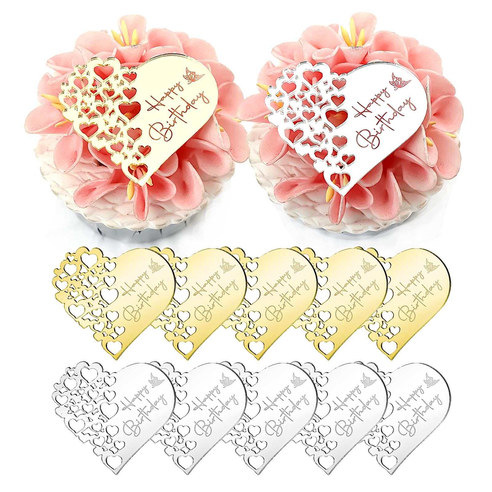 AiQi Bakes12 Pieces Heart Shaped Happy Birthday Cupcake Toppers Acrylic Cake Disc for Birthday Party Cupcake DIY Decorations