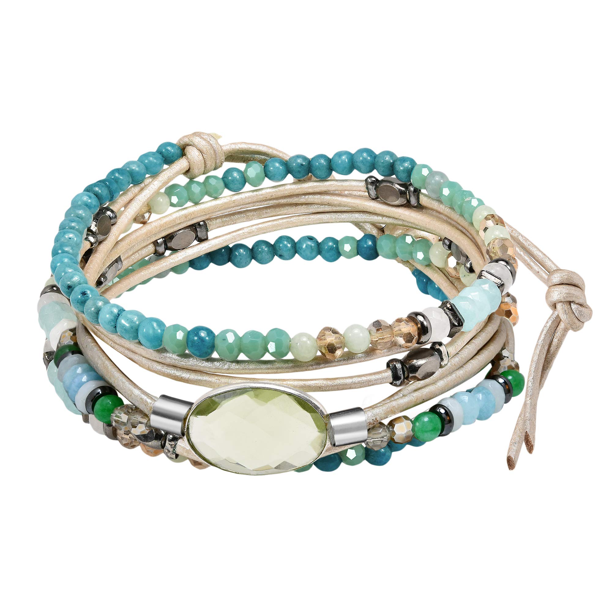 AeraVidaNeutral Green Prasiolite Mix Stones Leather Wrap Multiwear Bracelet