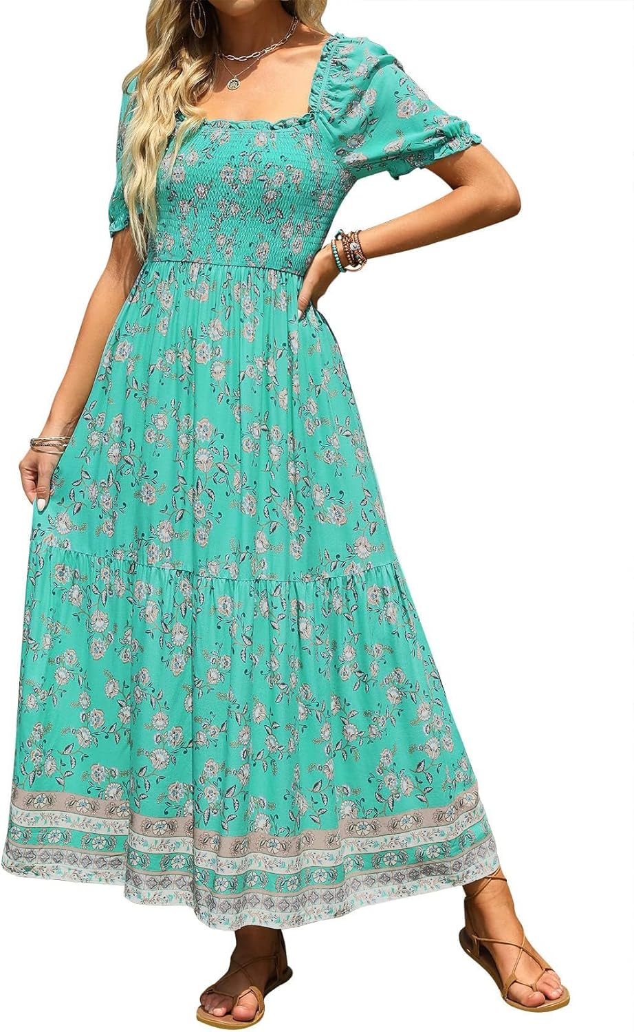 ZESICA Women's 2025 Summer Boho Floral Print Square Neck Ruffle Swing Beach Long Maxi Dress