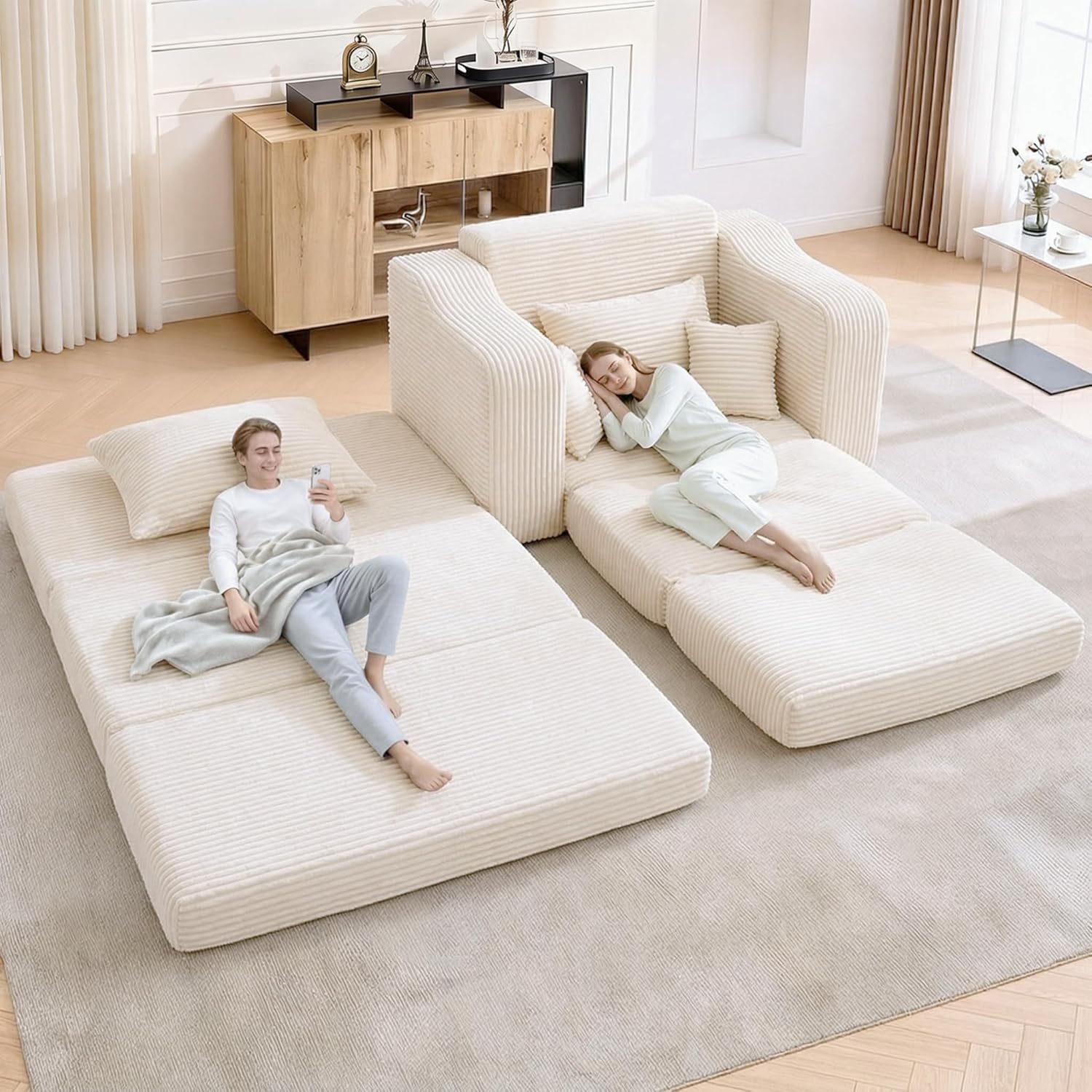 HBUATWAY 63.5" Oversized Chaise Lounge Chair Indoor, Convertible Boneless Sofa Bed with Ottoman, Comfy Cloud Couch with 3 Pillows, Corduroy Deep Seat Sleeper Chair for Living Room, No Assembly, Beige | Modular Detachable