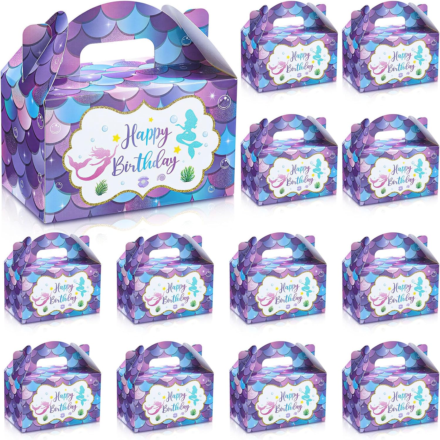 CLIVK 24 Pcs Mermaid Party Favor Boxes Mermaid Birthday Decorations | Happy Birthday Goodie Gift Bags with Handle for Girl Under The Sea Ocean Birthday Party Baby Shower Supplies