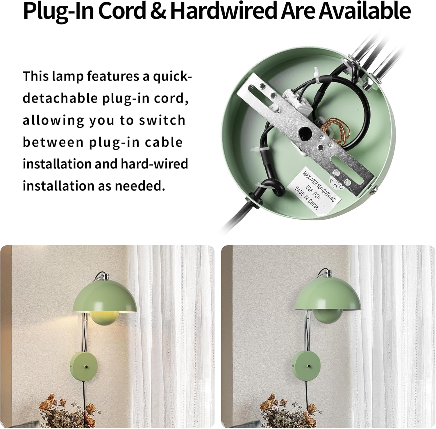 COSYLUX Modern Sleek Plug in Wall Sconce, Hardwired & Corded 2in1 Design Metal Wall Light Fixtures for Bedroom Bedside Reading, Mid-Century Flower Bud Wireless Wall Sconces with Switch,Pastel Green