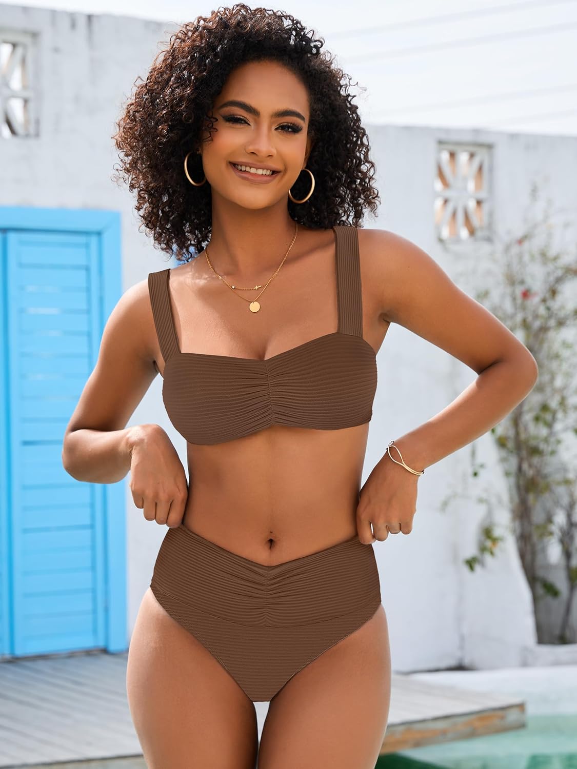 ANRABESS Bathing Suit for Women Tummy Control Bikini Set 2026 Beach Front Ruched Mid Waist Swimsuit with Adjustable Straps