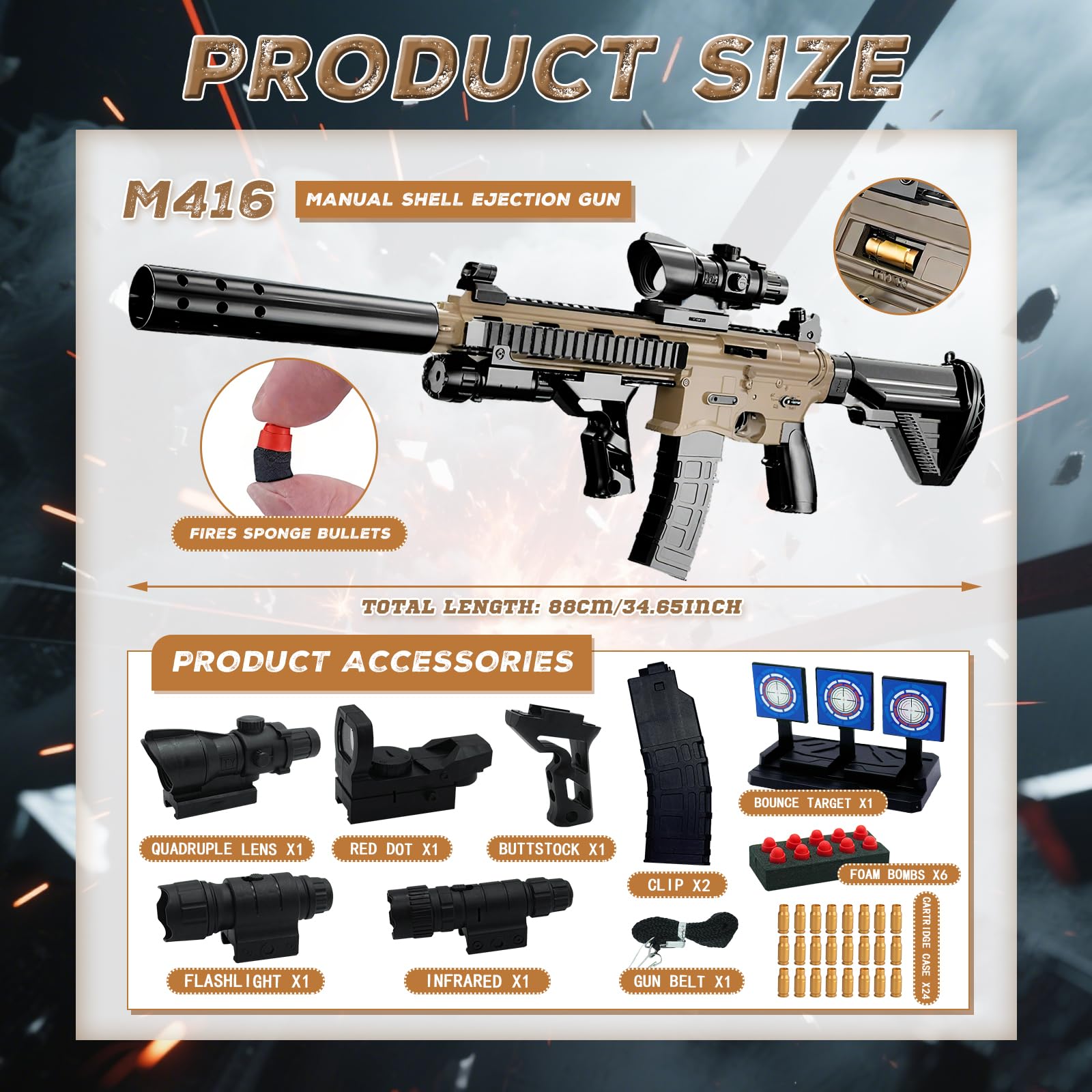 M416 Pistolet Jouet Enfant,Soft Bullet Gun,avec 60 Balles Souples,24 Douille pour Balle Mousse,2 Chargeur Éjectable,3 Lunette de Visée,Poignée,Infrarouge,Lunette,Lampe de Poche,pour les 10 Ans et Plus