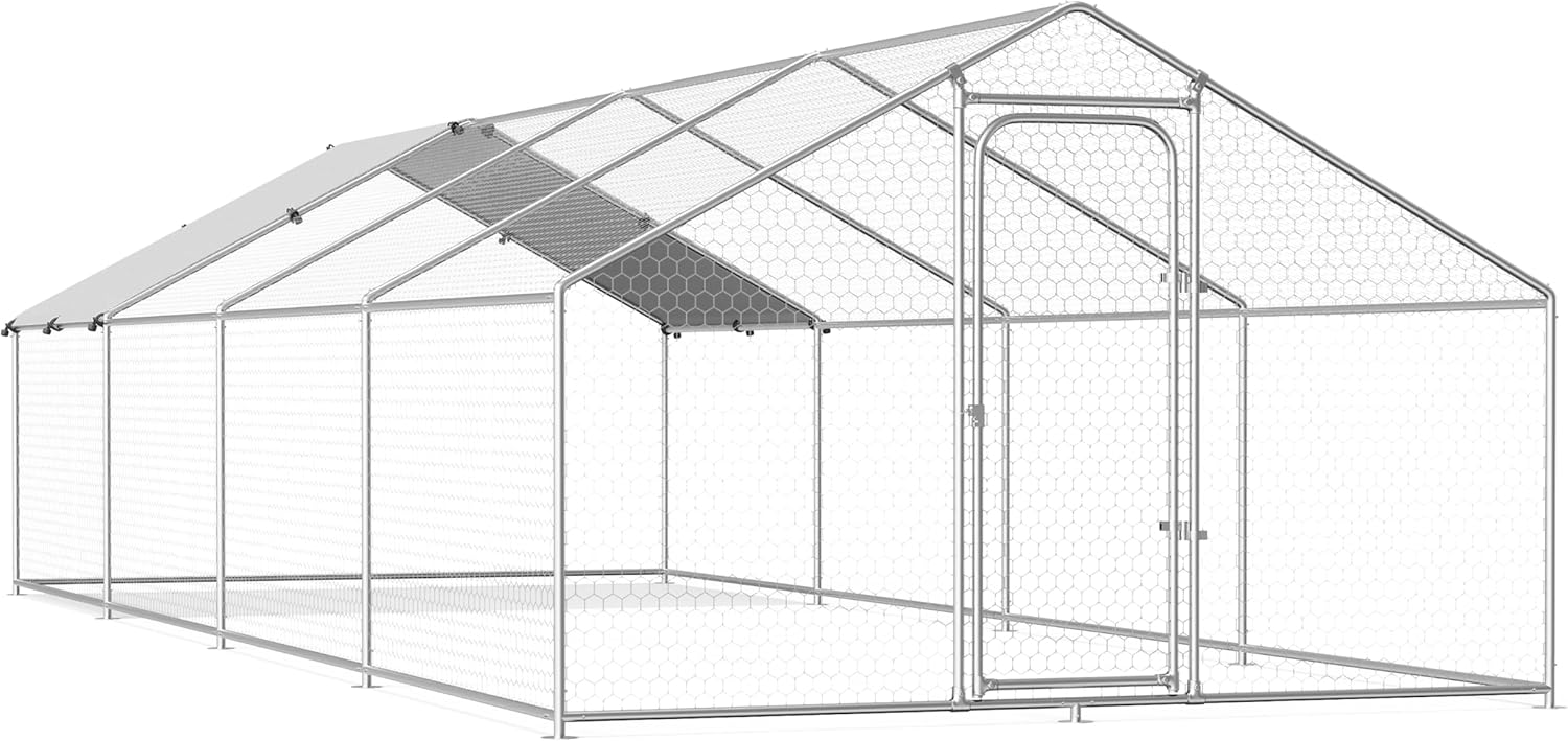 Large metal chicken coop walk-in with spire roof, waterproof cover