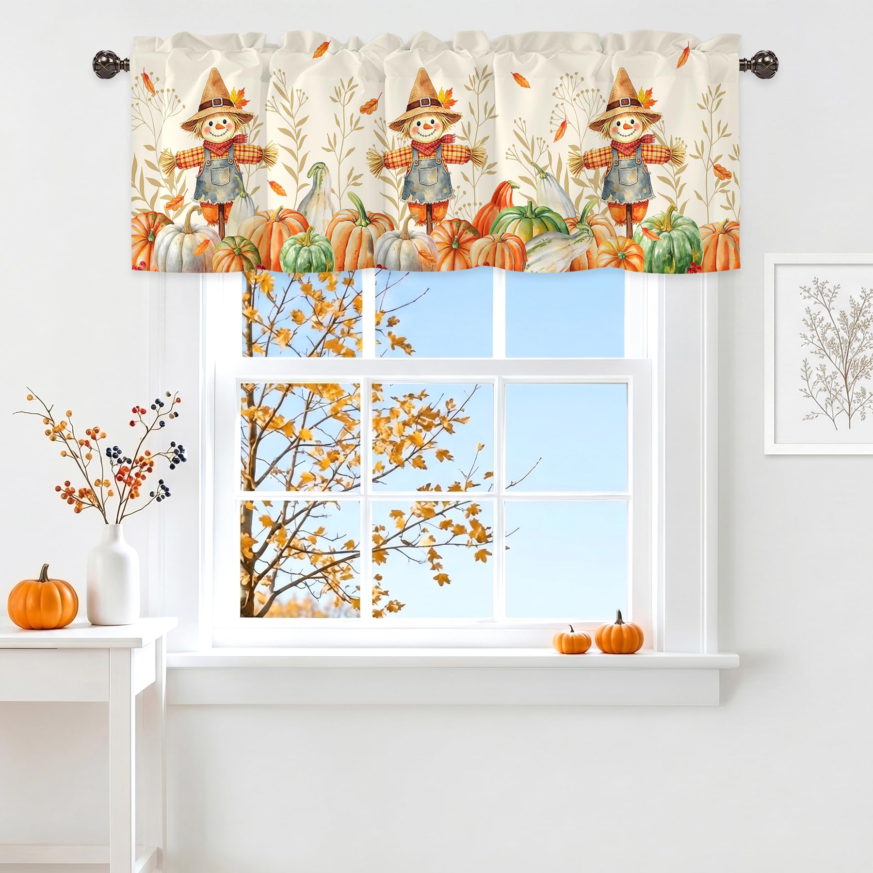 Fall Thanksgiving Valance for Windows,Window Treatment Curtains Rod Pocket Sheer Small Short Valance for Kitchen Bathroom Laundry Basement,42Wx12L inch,Autumn Pumpkin Maple Leaves