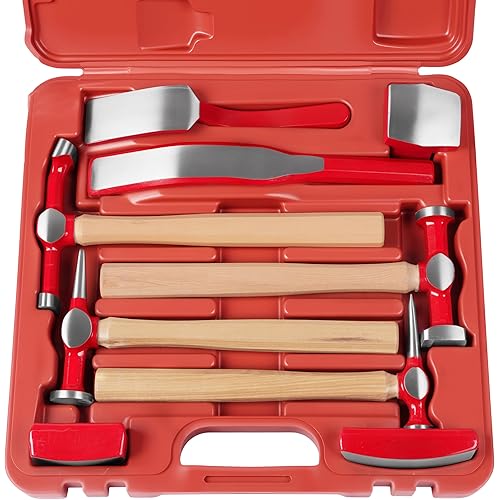 DAYUAN 9 pcs heavy duty Auto Body Repair Tool, Fender Repair Kit Carbon Steel Hammer Dolly Set Dent Hammer Set with Hickory Handle with Red Case