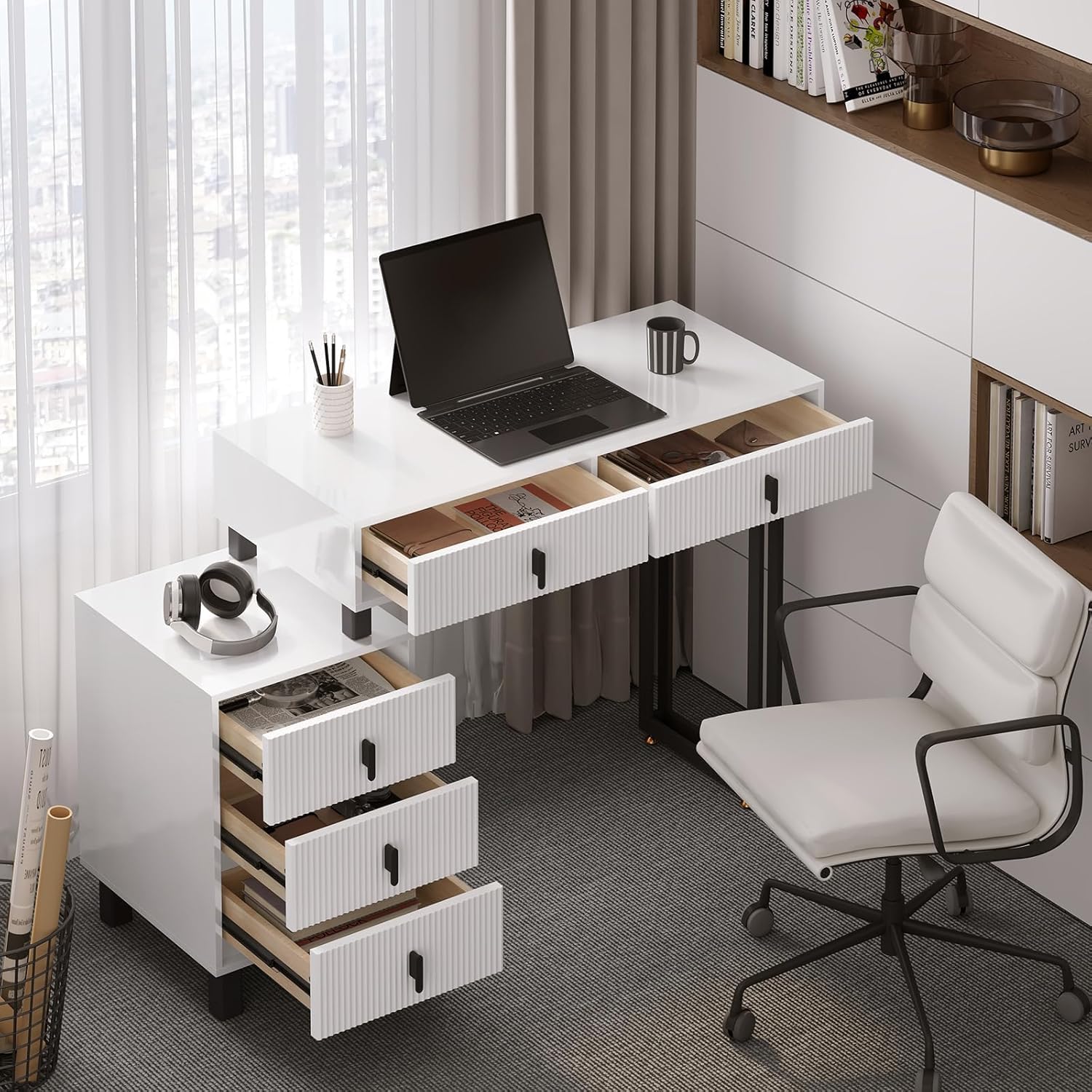 WOLTU Toeletta con Luce LED, Luminosità Regolabile, Specchio a Nuvola, Piano Lucido, 5 Cassetti in Legno Massiccio, 1 Cassettiera, Moderno, Bianco e Nero
