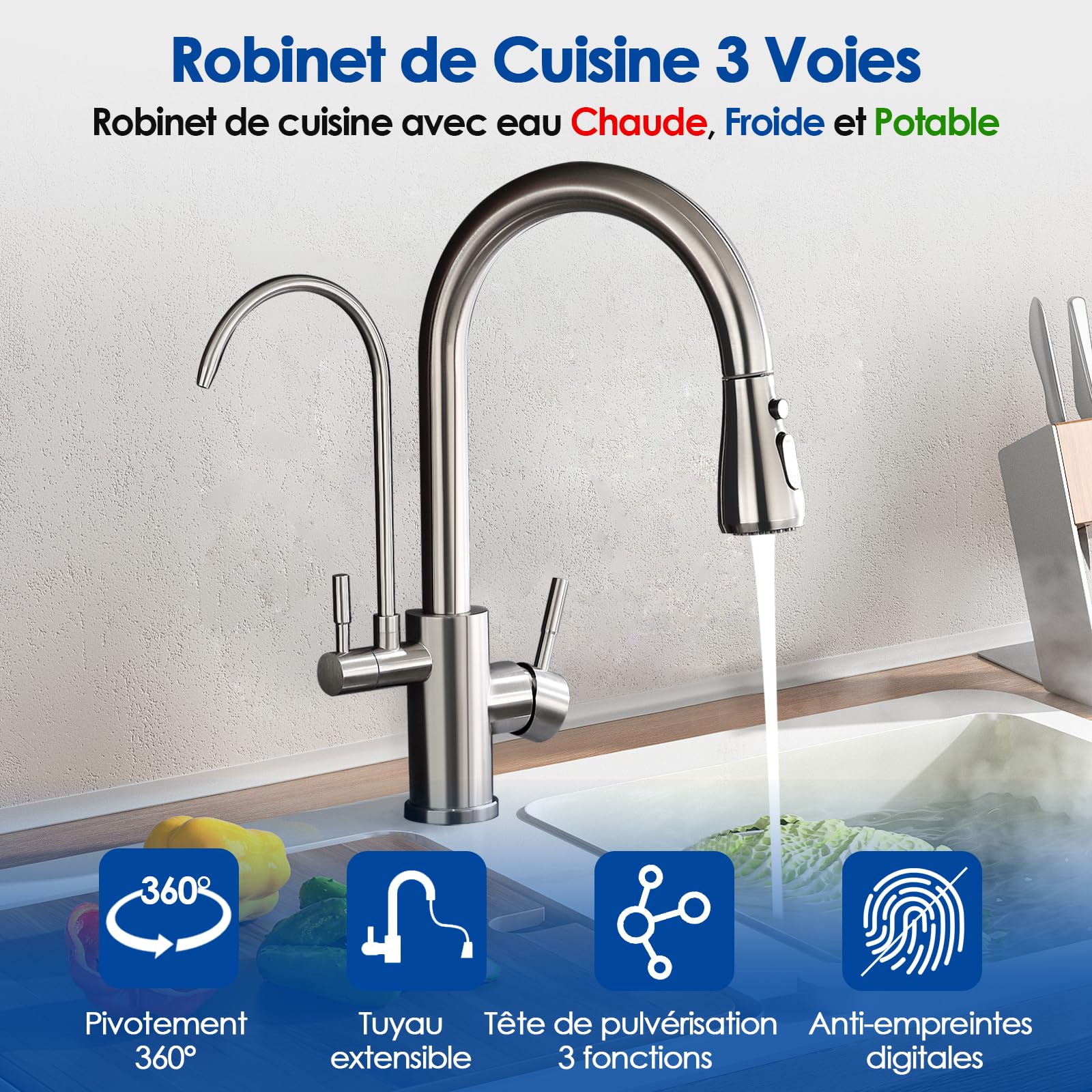 ROVOGO Mitigeur Robinet d'Evier de Cuisine 3 Voies à Eau Filtrée en Acier Inoxydable 304 Brossé, Douchette Extractible à 3 Modes, 2 Manches pour Eau Chaude/Froide/Potable, Bec en C 360° Rotatif