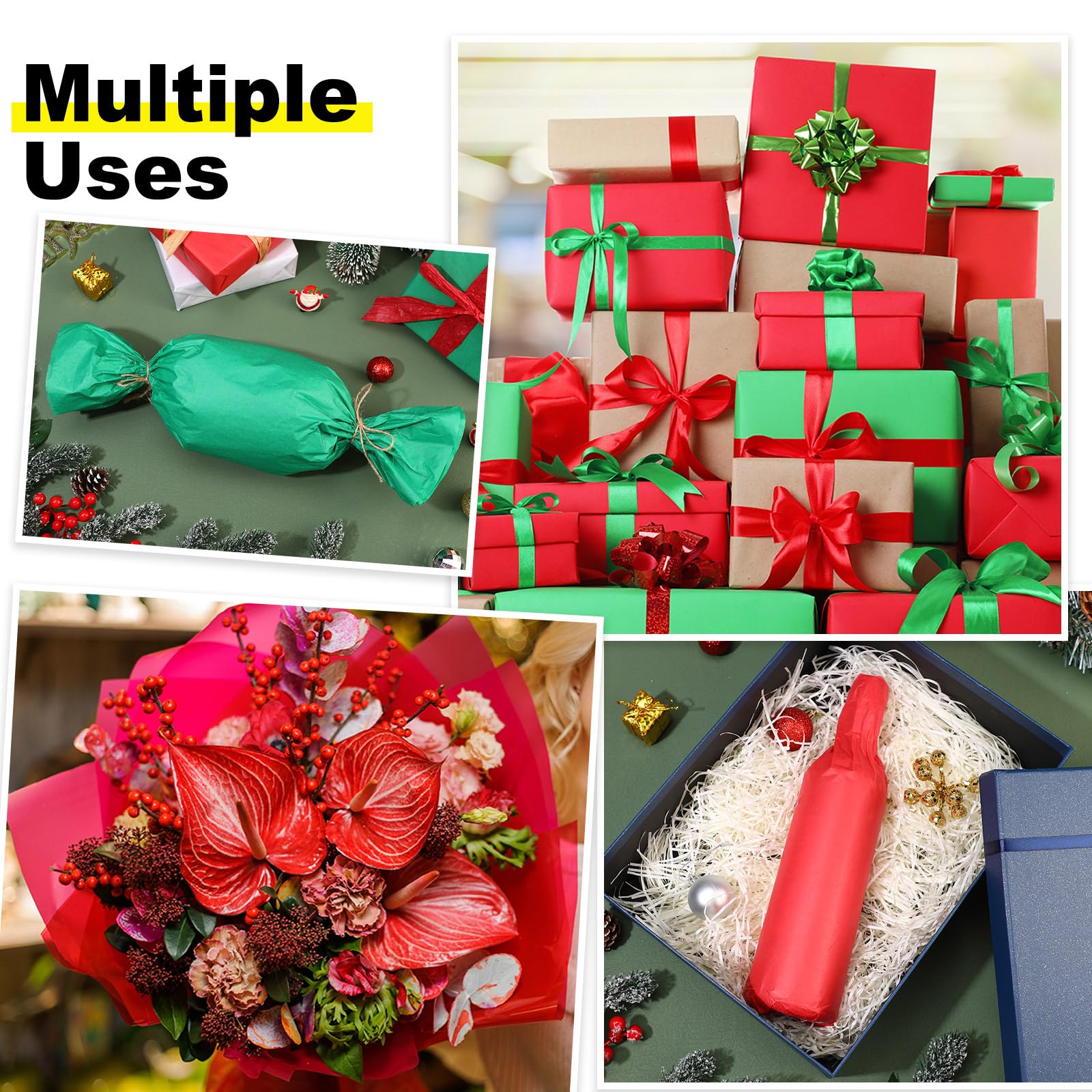 Qilery Lot de 600 feuilles de papier de soie pour emballage cadeau de Noël - 50 x 50 cm - Pour sacs cadeaux, boîtes d'emballage pour fête prénatale, fête prénuptiale, projet d'artisanat, mariage, fête