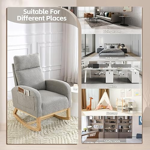 Miniatura 5 de Mecedora para guardería, silla mecedora tapizada de tela de peluche, cómoda silla con brazo decorativo con bolsillos laterales y patas de madera