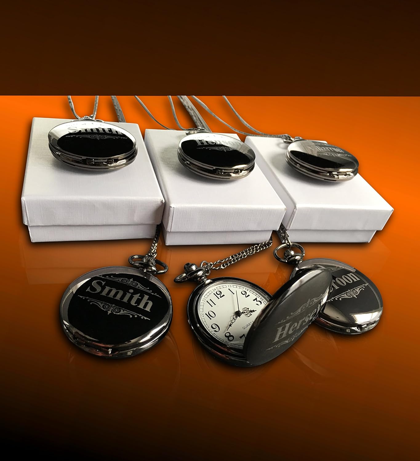 6 Pocket Watch Set - Personalized Unique Wedding Gift for Men and Women - Boxes, Chain and Engraving is Included