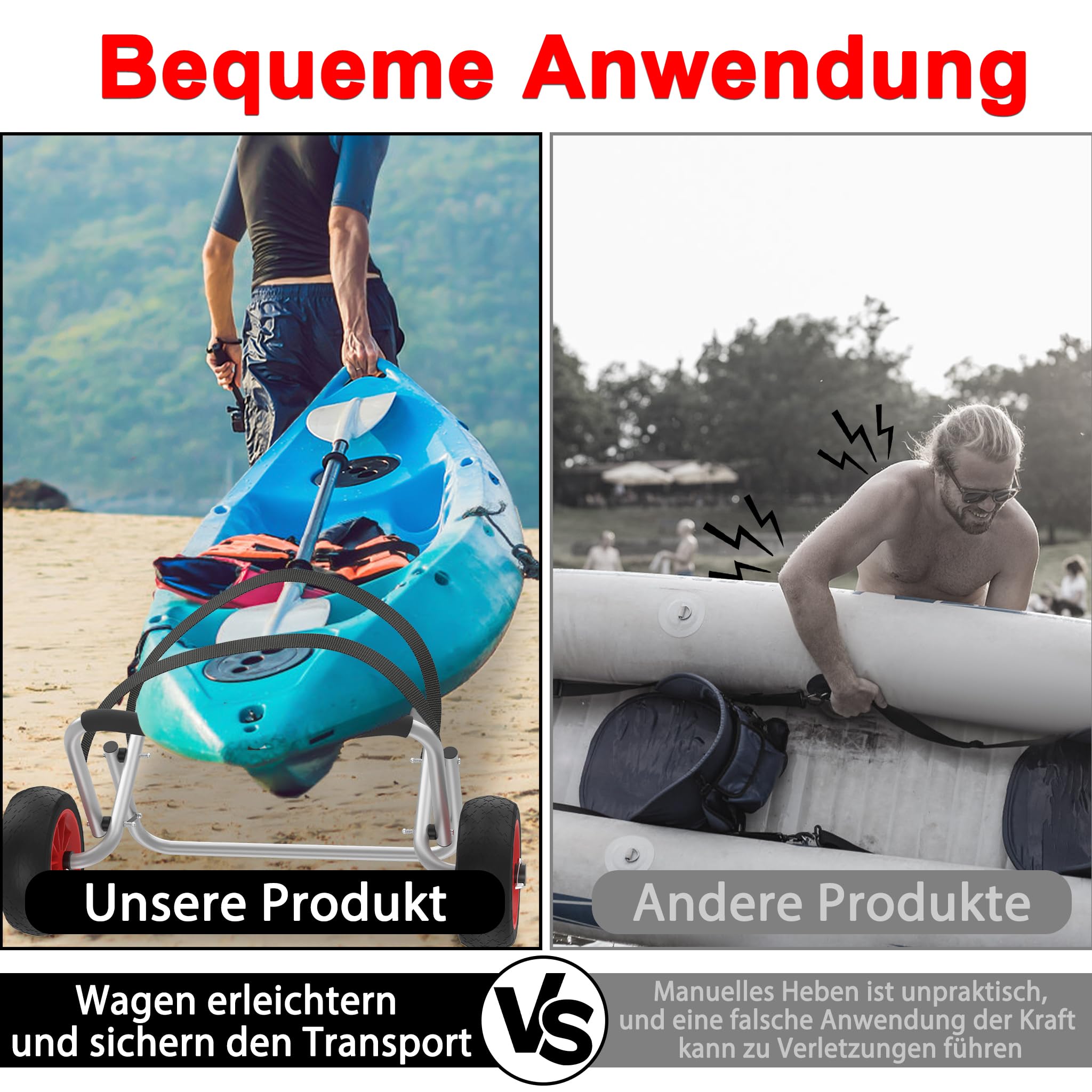 Kanuwagen Faltbarer Alu Kajakwagen SUP Transportwagen mit 2 PU-Räder & Spannriemen bis 100 kg Bootstrailer Trolley,ideal für Boote Kanu Kajak Surfboard Faltboot