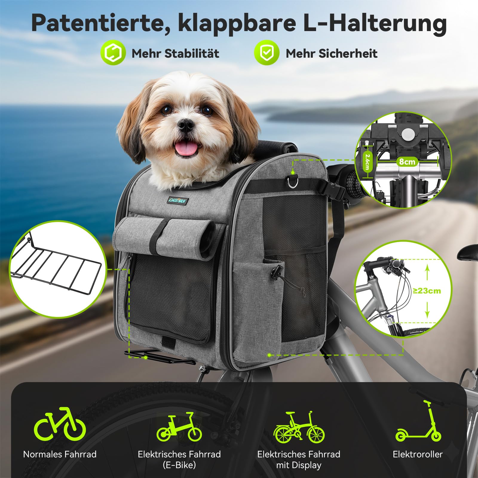 Hundekorb Fahrrad Vorne bis 10KG mit Robuste L-förmige Halterung Φ80mm, Faltbarer Atmungsaktiver Hundefahrradkorb 4 in 1 Rucksack Schultertasche Autositz, Bequemes Kissen, Reflektorstreifen