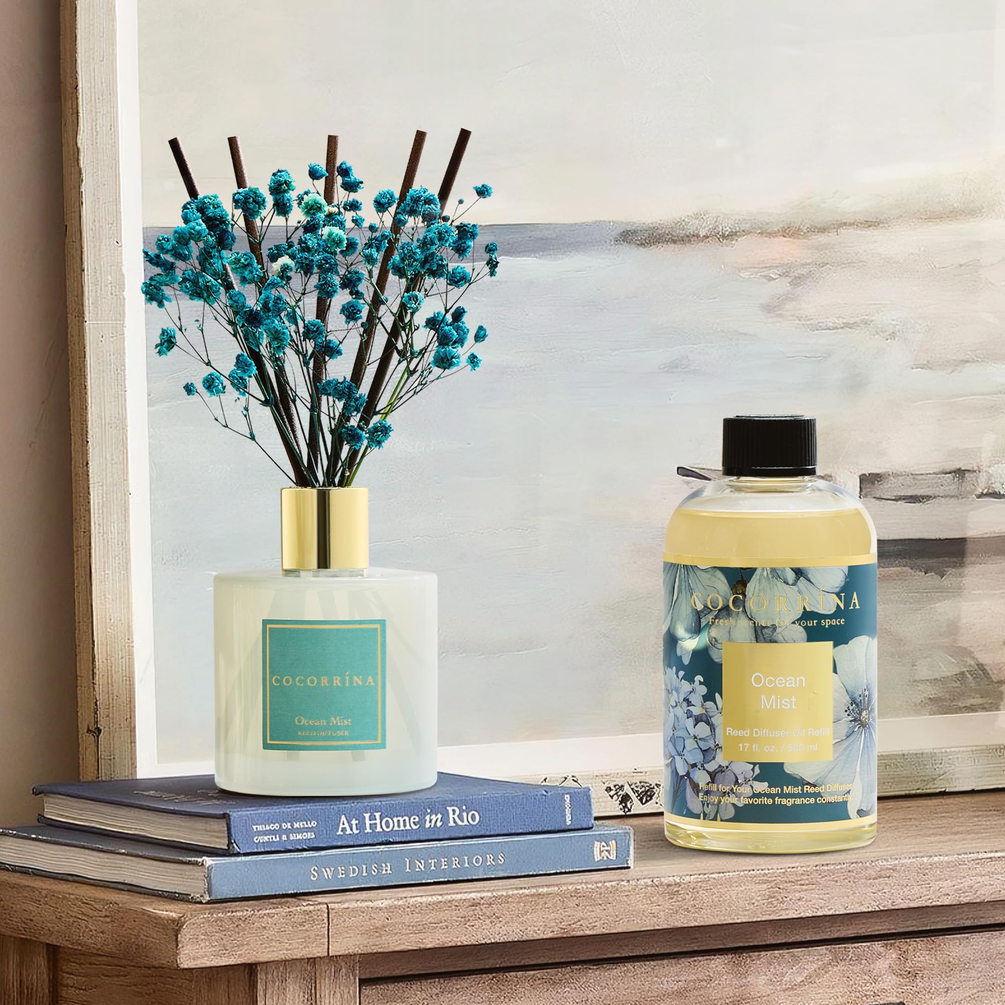 COCORRÍNA Ricarica Diffusore Ambiente 500ml con 8 Bastoncini, Ocean Mist, Profumo Lungo Durata con Oli Essenziali Naturali, Camera da Letto e Bagno