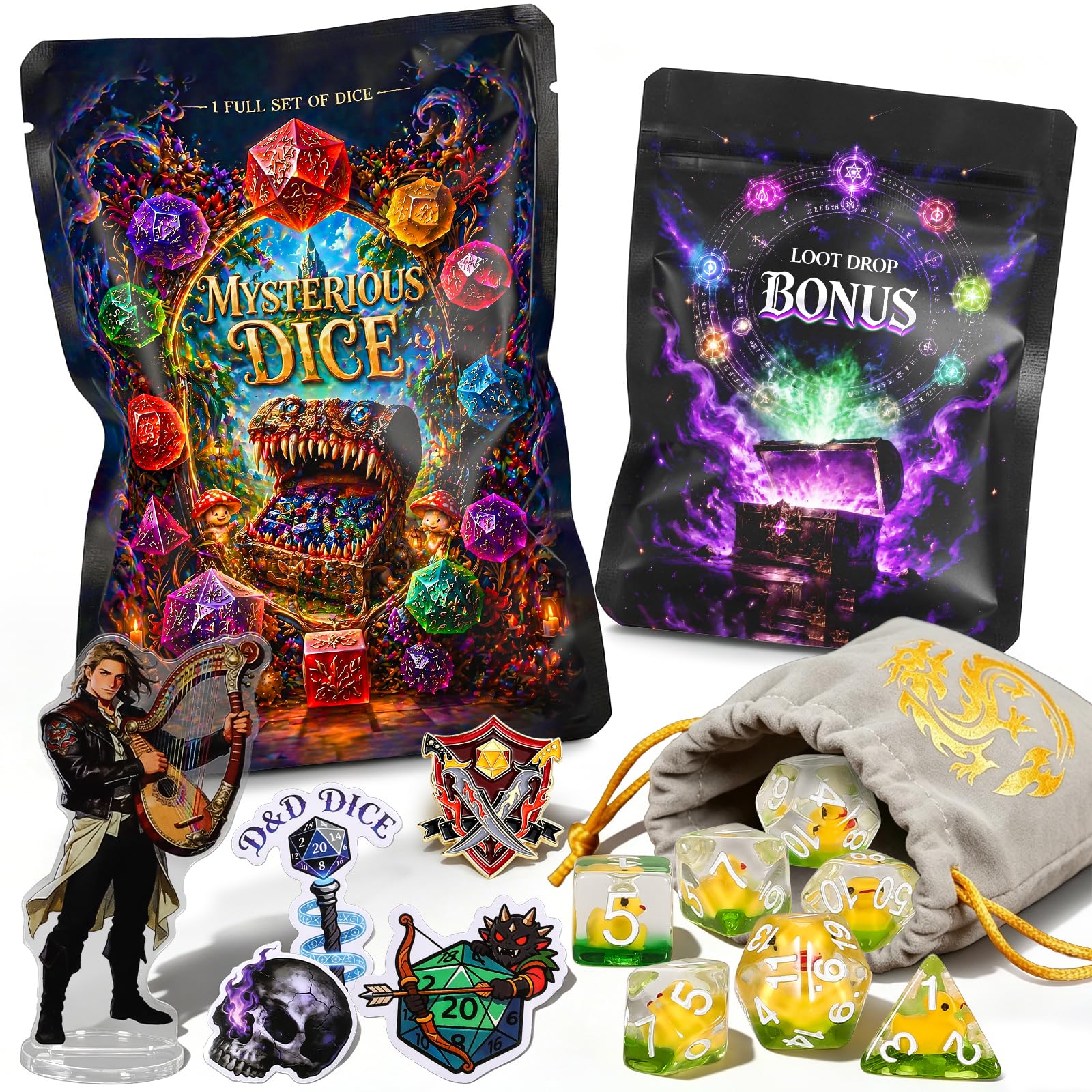 QMAY Mystery Dice, 7 Polyhedral Dice & Accessories Bag for DND Table Games