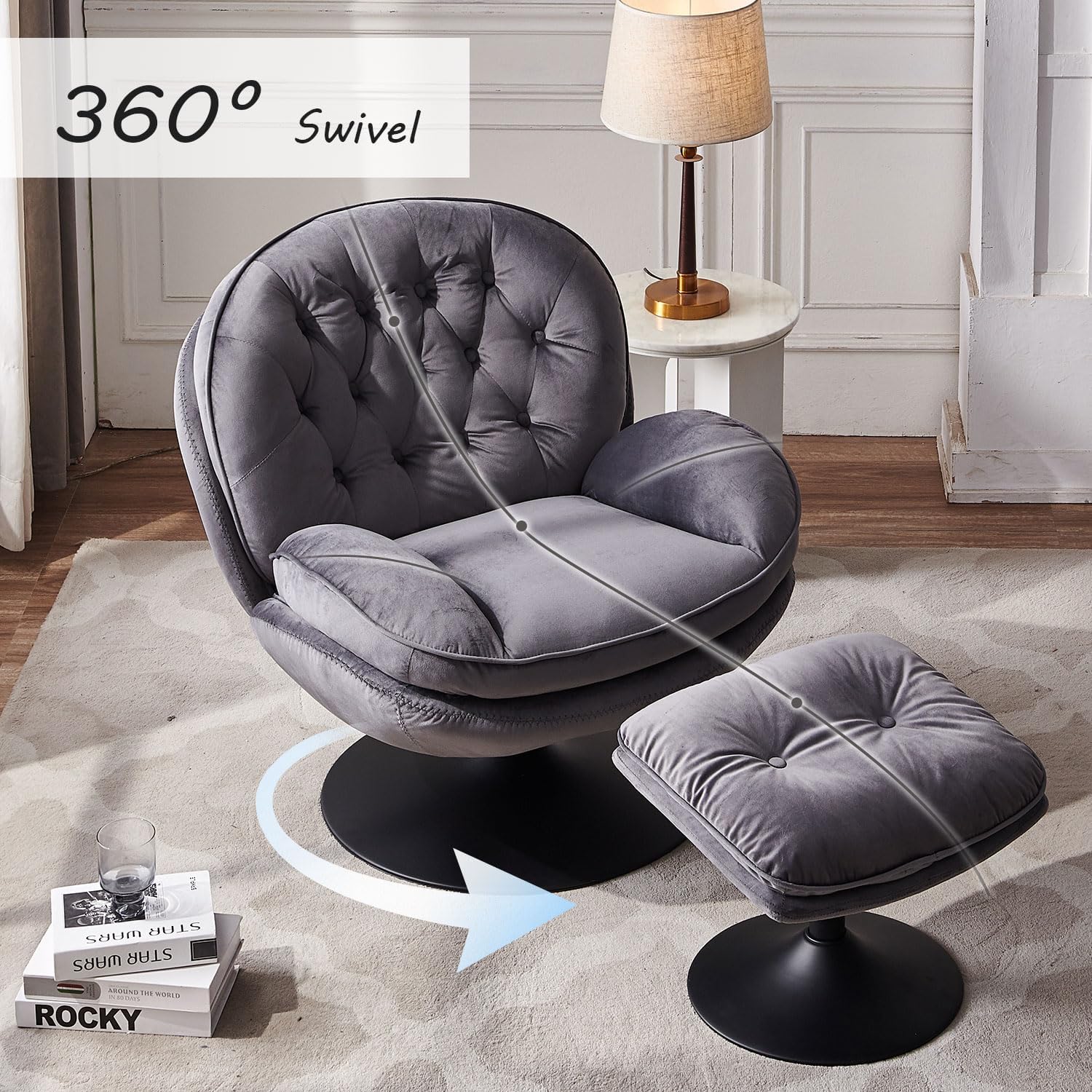 Swivel Accent Chair with Ottoman Set, Velvet Modern Lounge Armchair with Metal Base Frame & Footrest, Comfy Lazy Single Leisure Chair with 360 Swiveling for Living Room/Bedroom/Grey