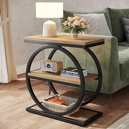 Miniatura 3 de Tribesigns Mesa auxiliar con 3 estantes de almacenamiento, juego de 2, mesa de sofá industrial con marco redondo de metal para sala de estar, mesita