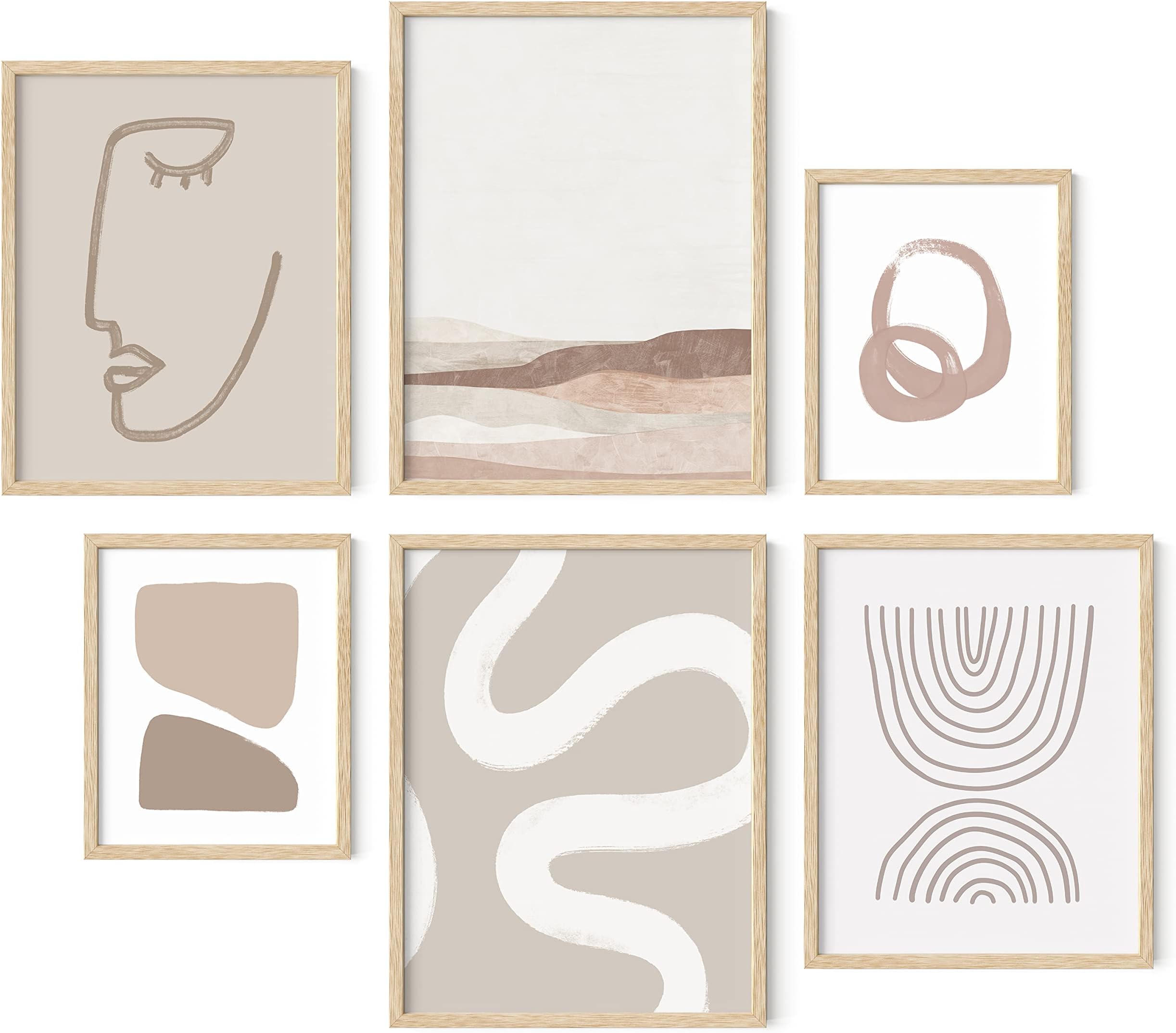 HAUS AND HUES with Beige Frame Boho Art Wall Decor - Set of 6 Neutral Mid Century Modern Wall Art, Minimalist Wall Art, Neutral Wall Decor, Beige Boho Posters Aesthetic Gallery Wall (with Beige Frame)