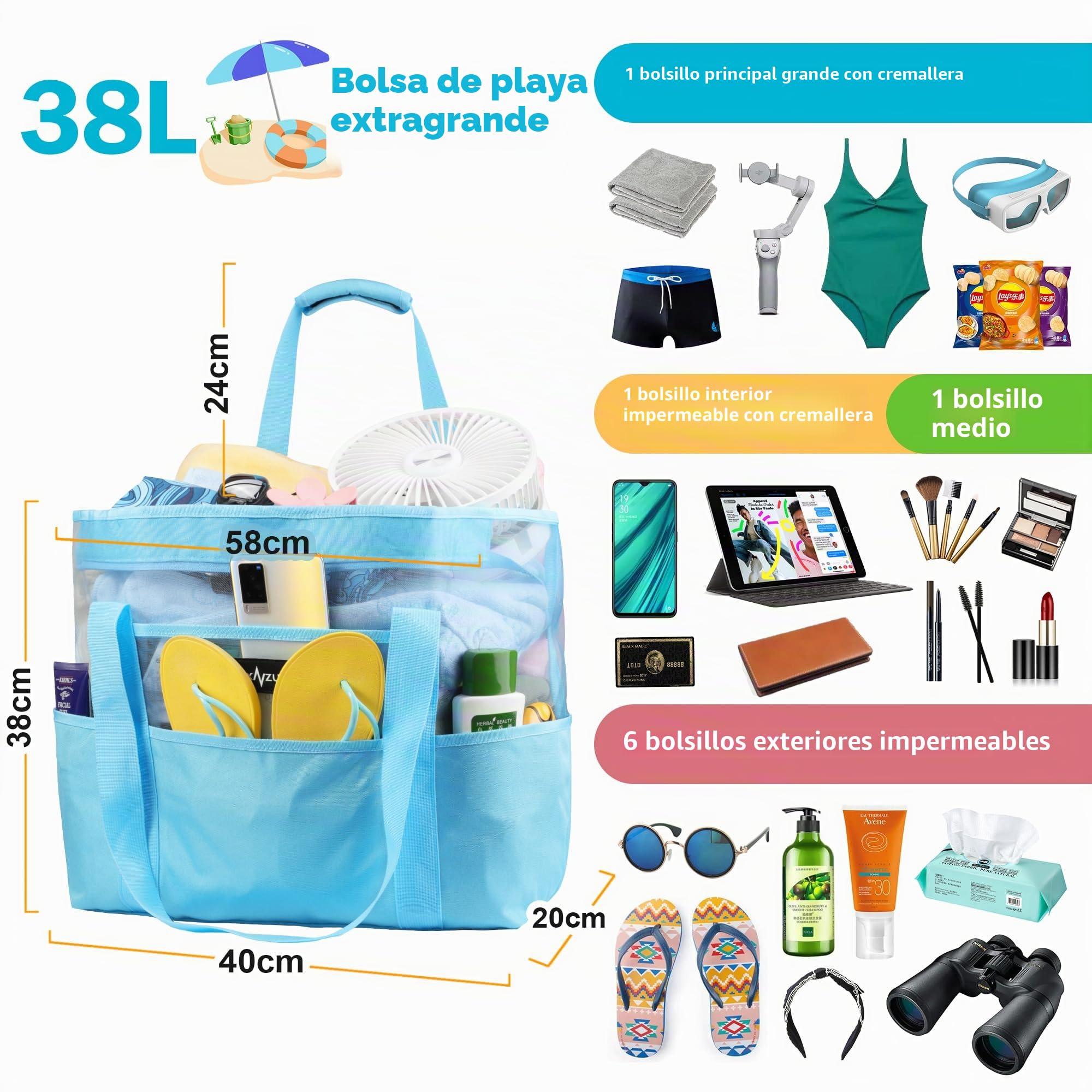 Bolsa Playa Grande XXL Familiar, Bolsa Cremallera Playa Malla, Impermeable Lavable Resistente a La Arena Plegable ​Transpirable Juguetes Viaje
